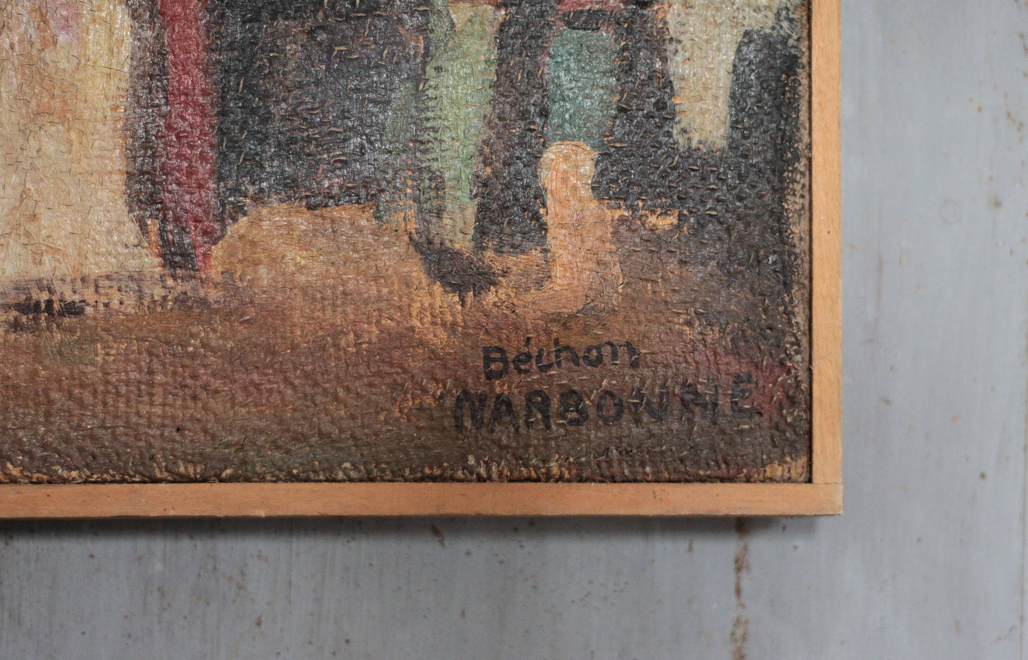 Painting signed Béchon-Sauzeau, oil on canvas, scene of characters.