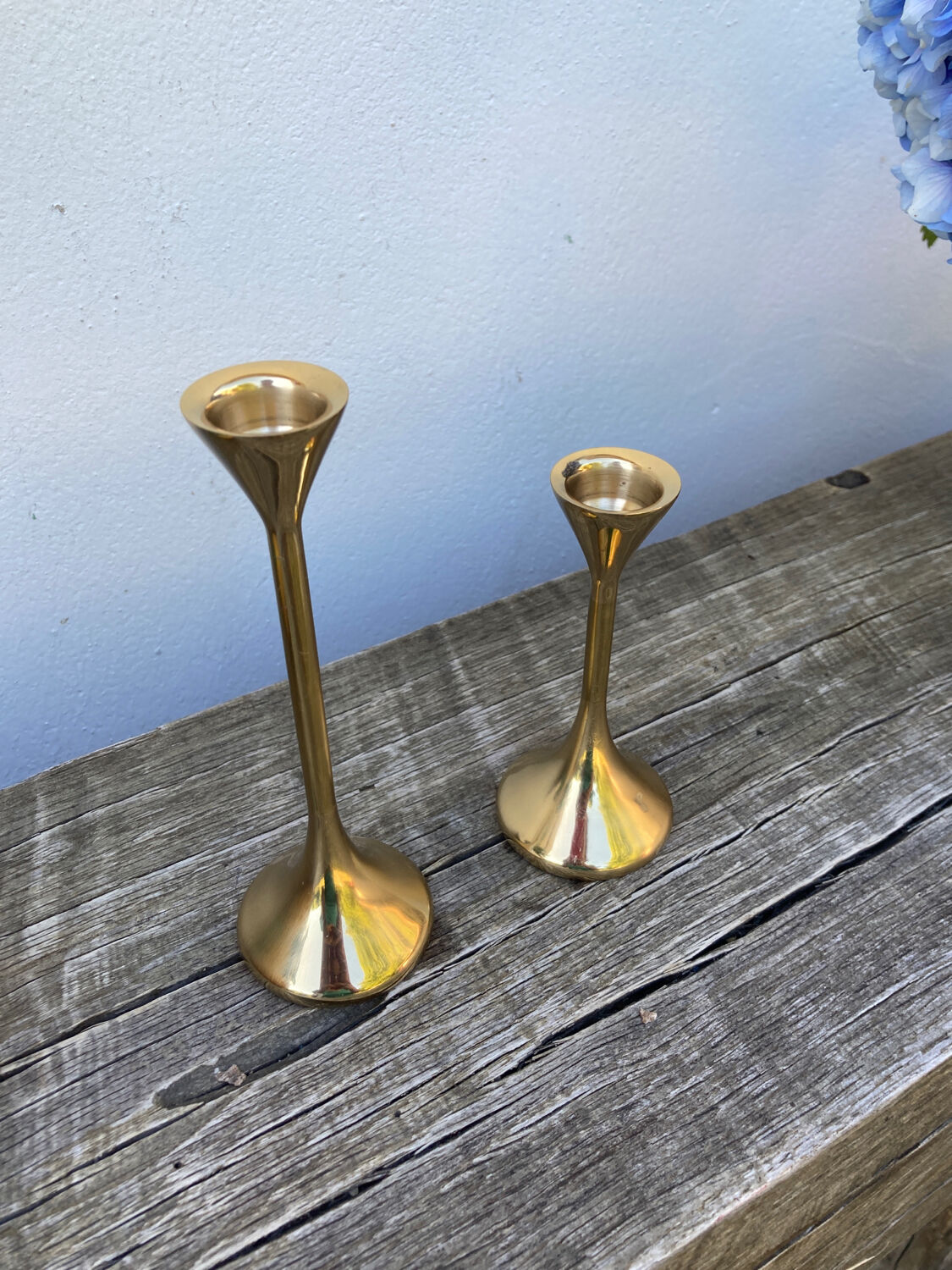 Duo of Scandinavian candle holders in gilded brass
