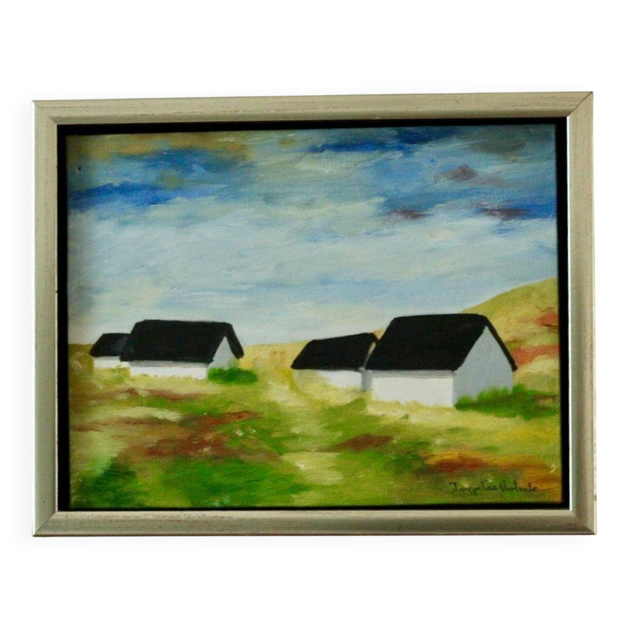 Original Swedish oil on canvas from the mid-century "Houses" - Vintage and framed