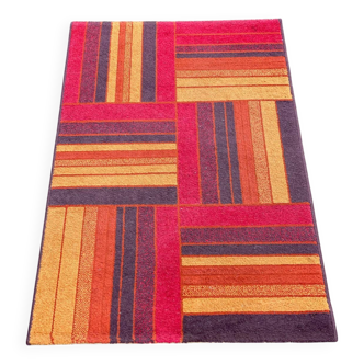 Persian tufted wool rug with geometric stripes in burgundy and brown 140x80