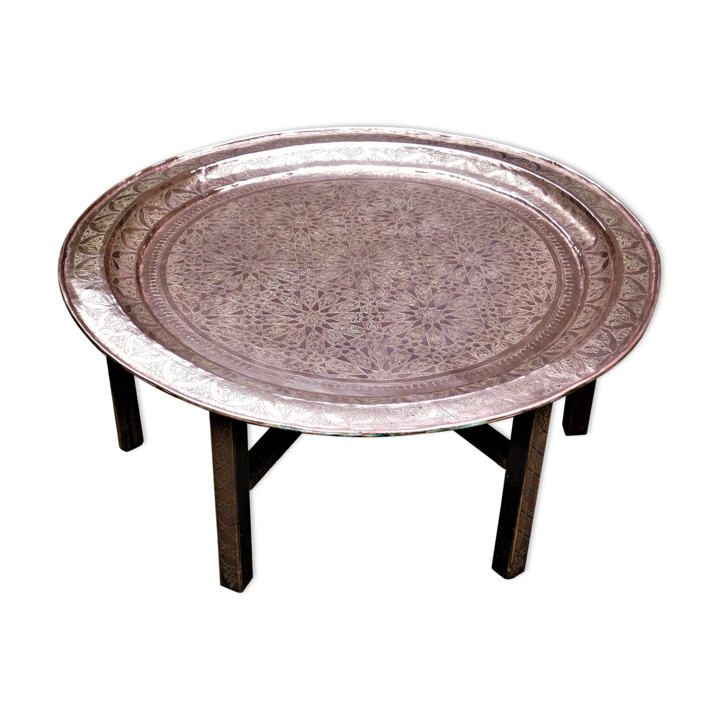 Table basse Marocaine ancienne à plateau de cuivre Selency