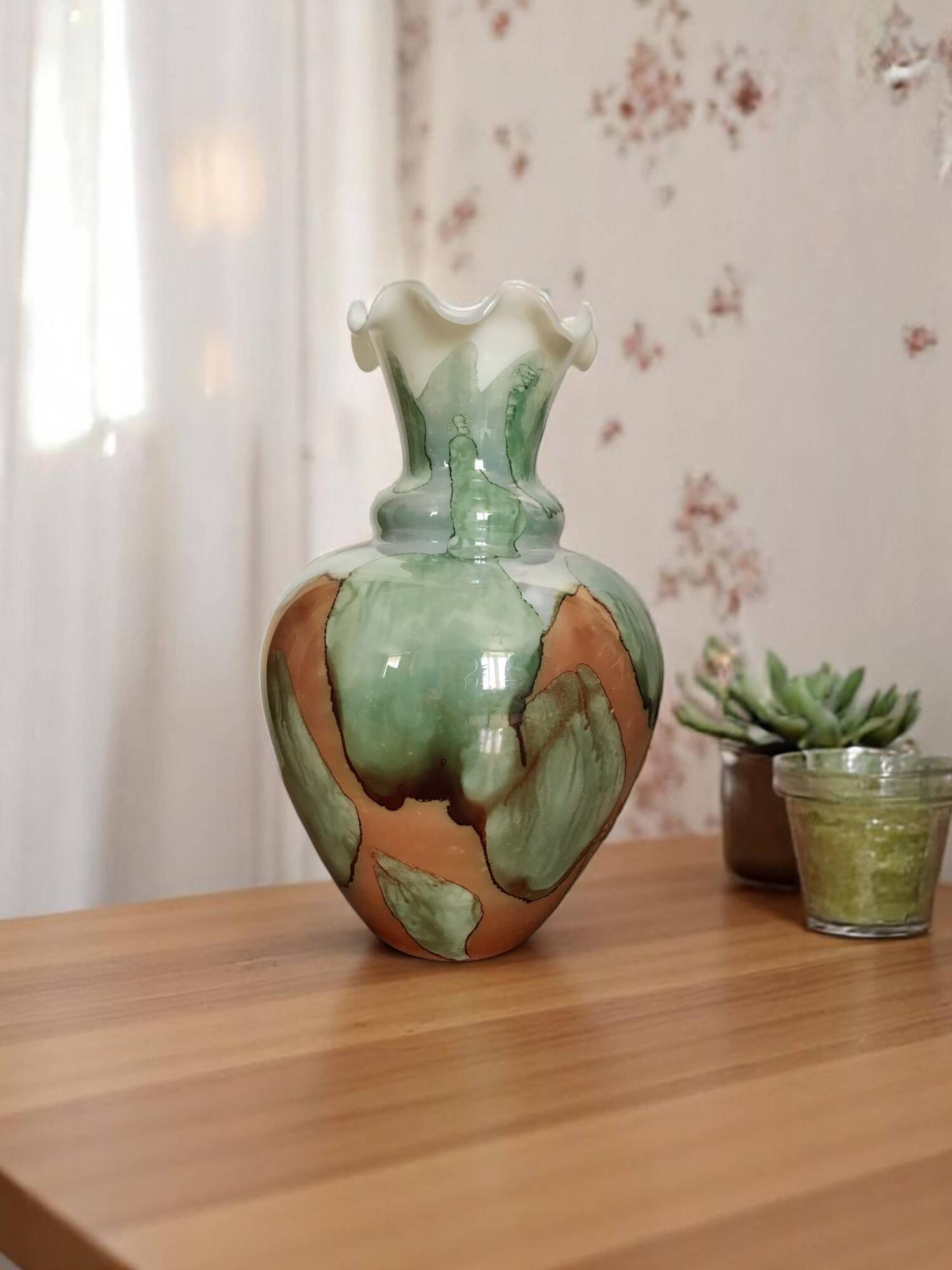 Vintage opaline vase with ruffled neck Stelvia Italy circa 1960