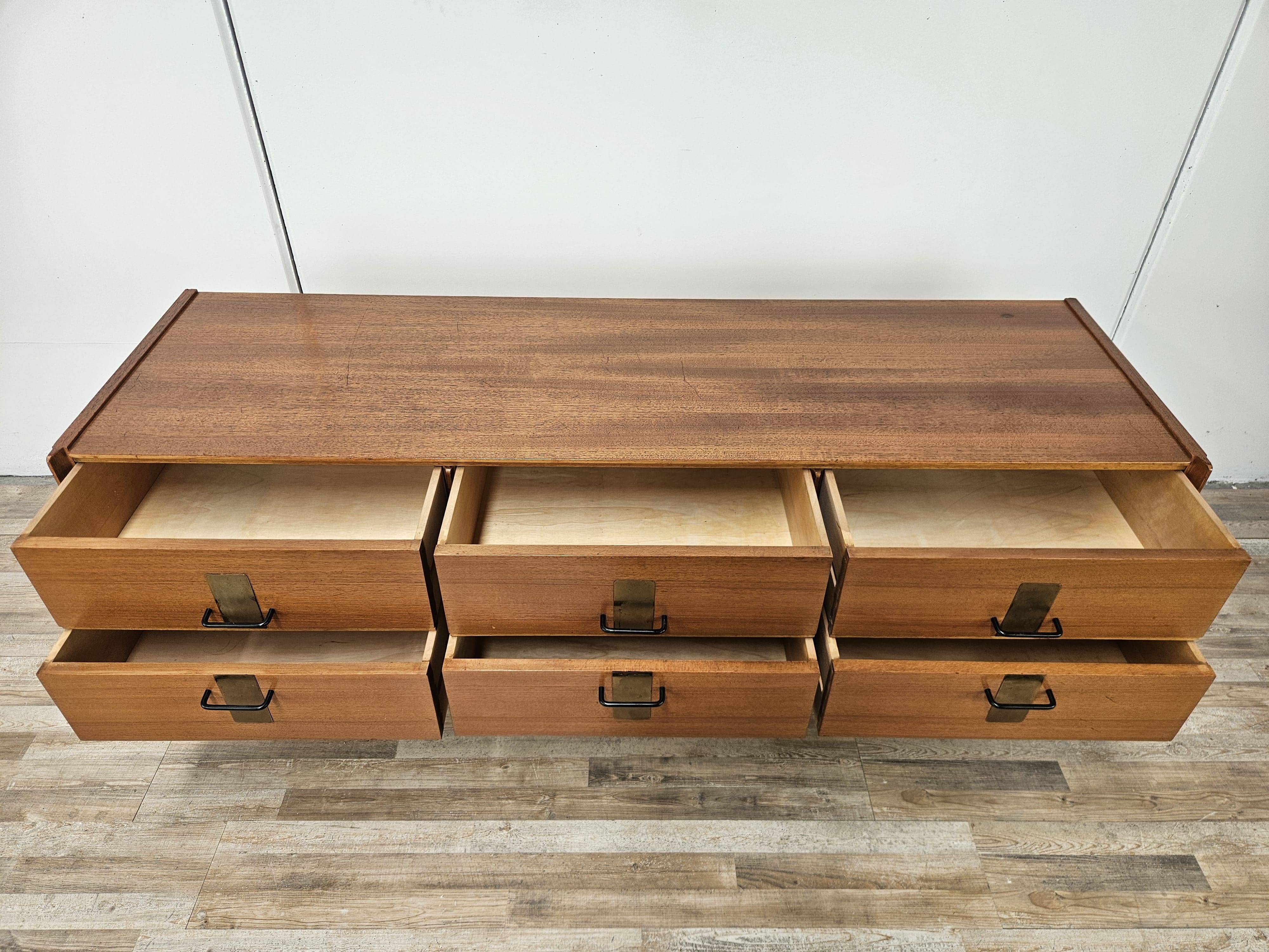 1960s walnut chest of drawers with iron and brass details