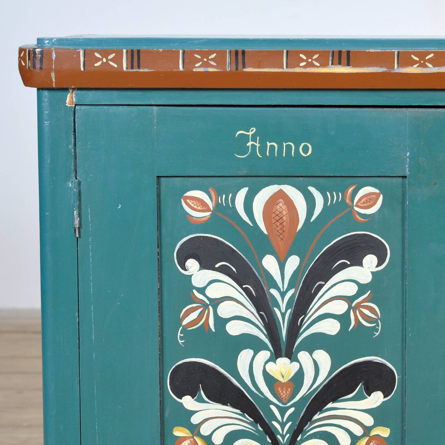 Original antique Swedish cabinet with blue-green folk style painting, dated 1906