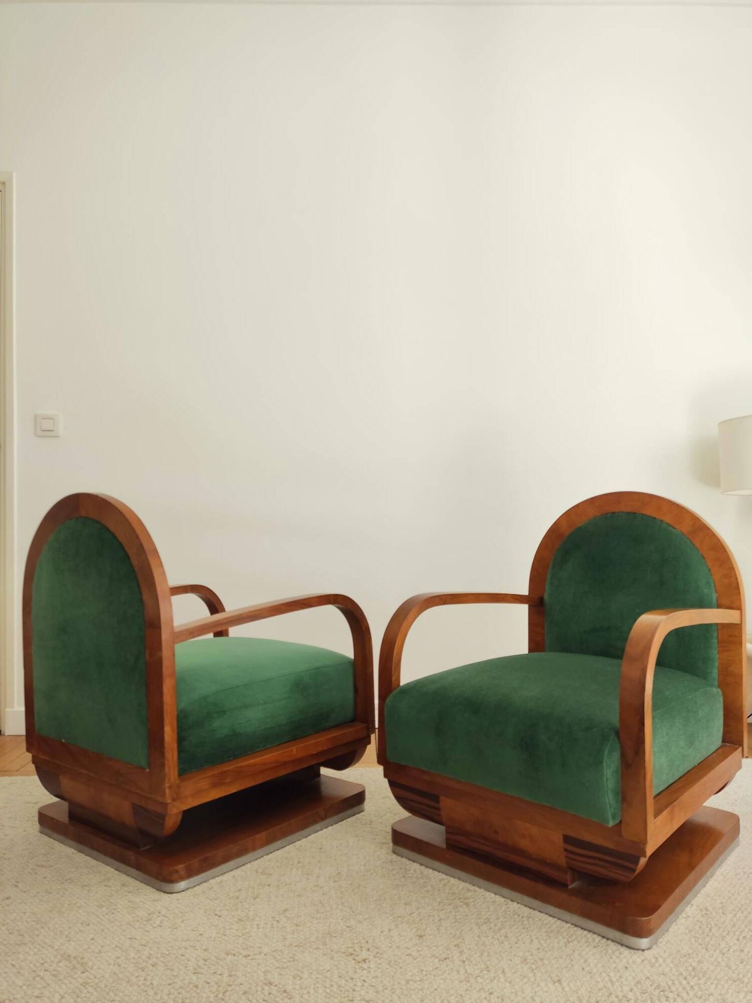 Pair of art deco armchairs - green mohair velvet