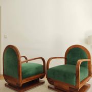 Pair of art deco armchairs - green mohair velvet