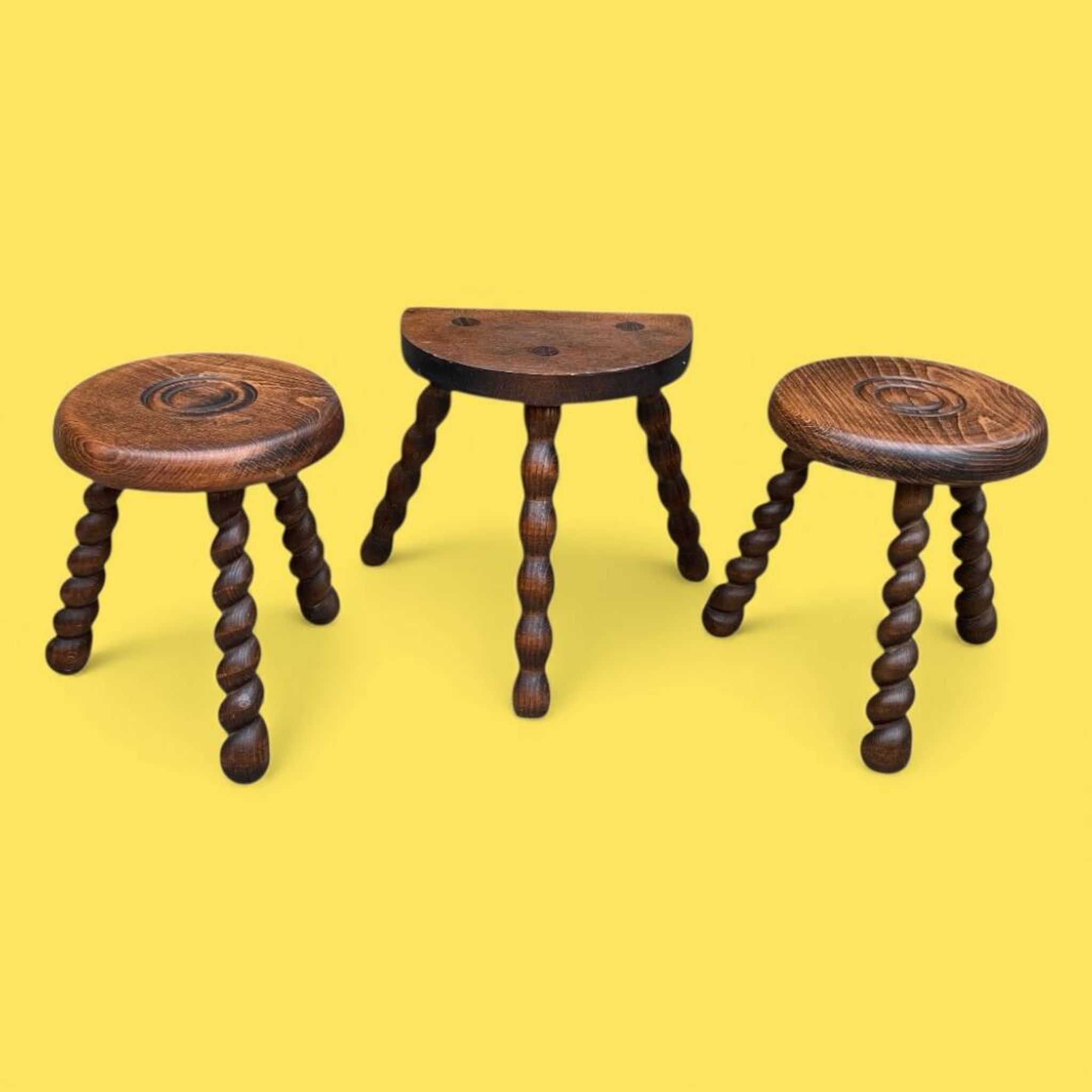 3 vintage turned wood stools