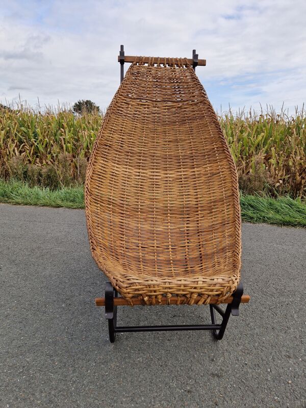 Fauteuil vintage en métal et osier grand modèle
