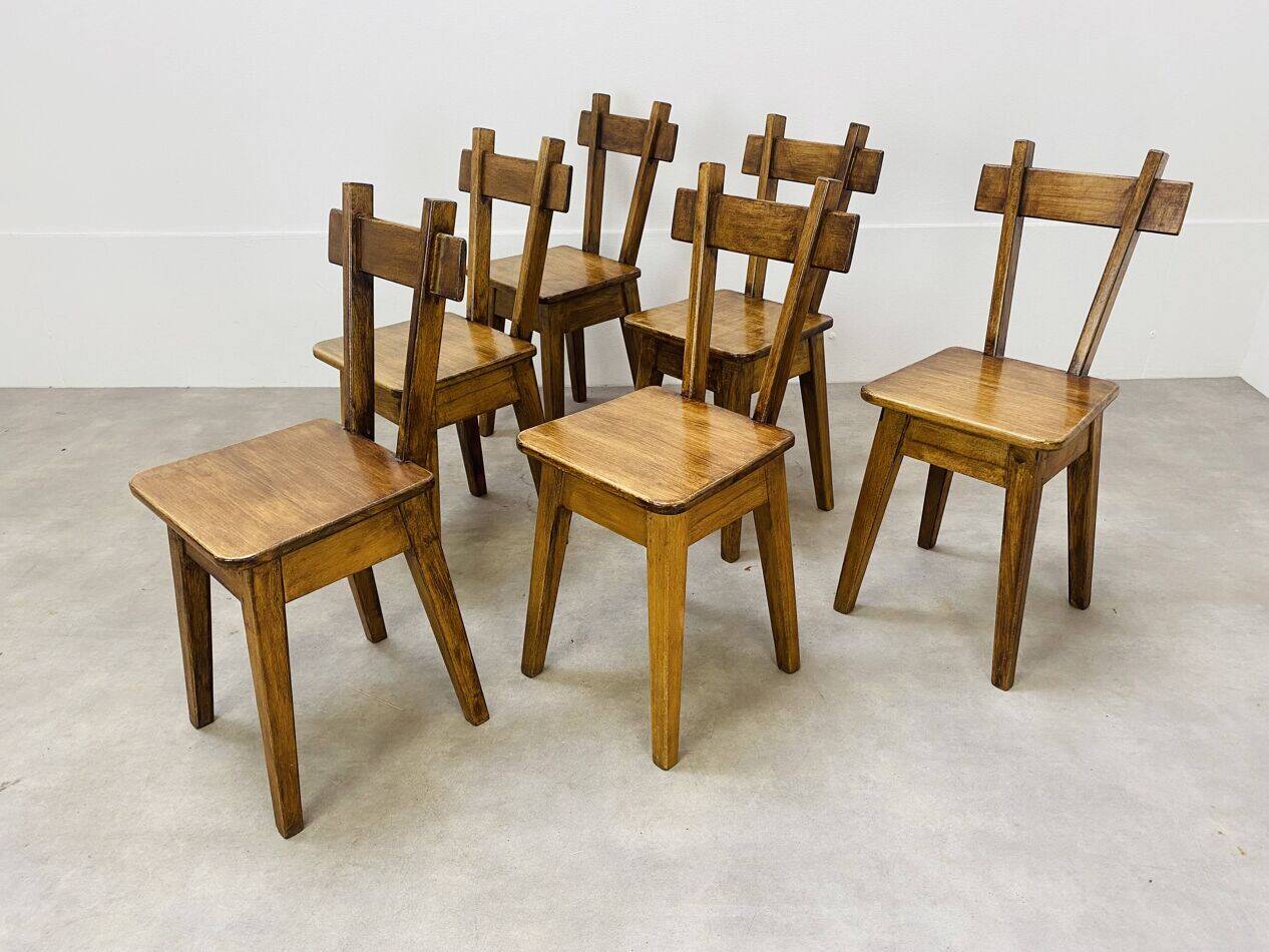 6 brutalist solid wood chairs, chalet decor, vintage