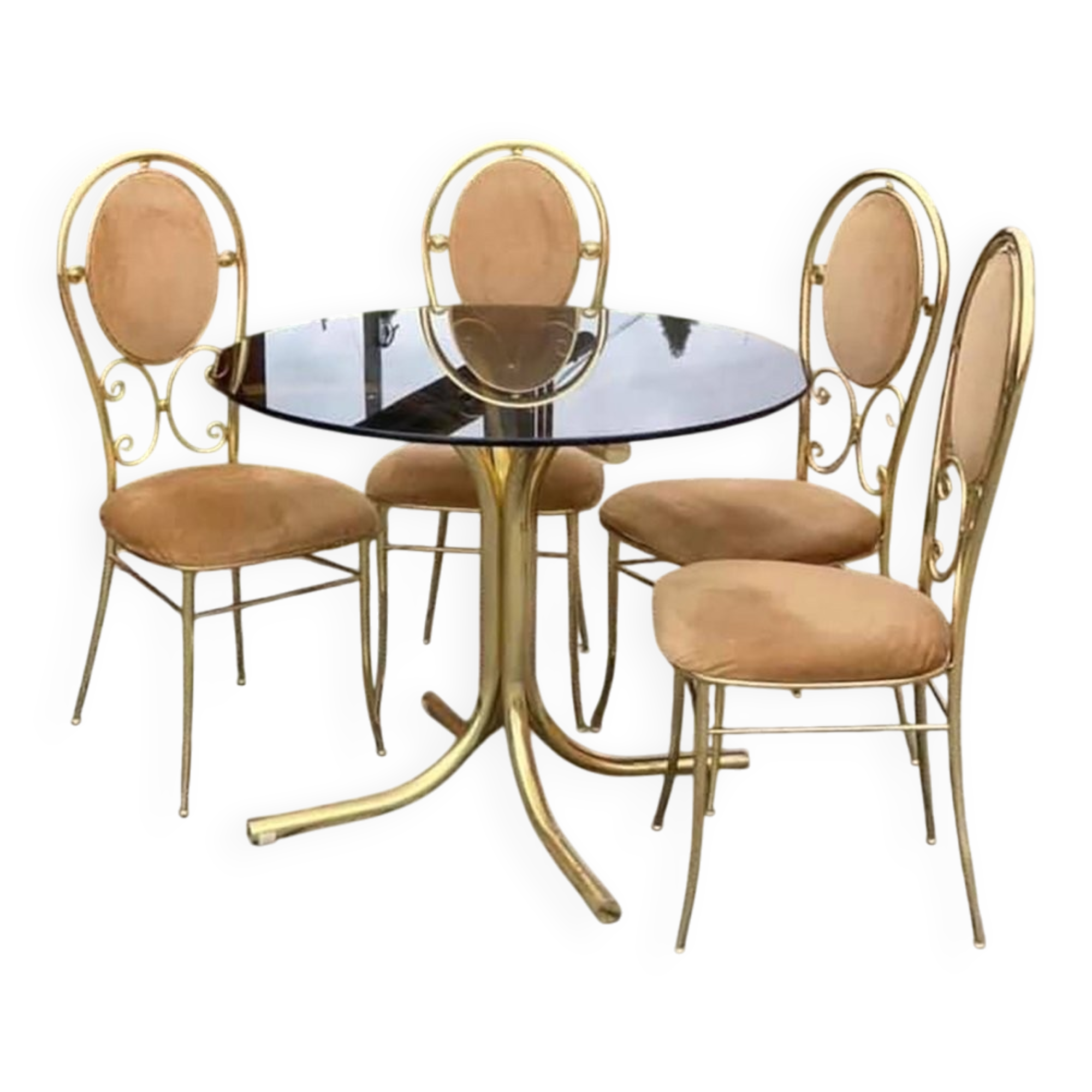 Vintage Paolo Salice set — Smoked glass table and 4 yellow straw chrome metal chairs (set of 5)