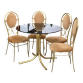 Vintage Paolo Salice set — Smoked glass table and 4 yellow straw chrome metal chairs (set of 5)