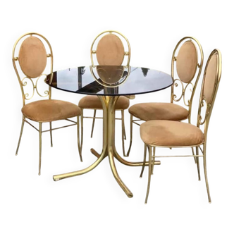 Vintage Paolo Salice set — Smoked glass table and 4 yellow straw chrome metal chairs (set of 5)