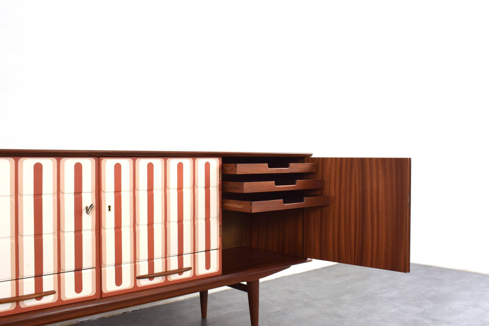 Mid-Century Op-Art Hand-Painted Teak Sideboard, 1960s