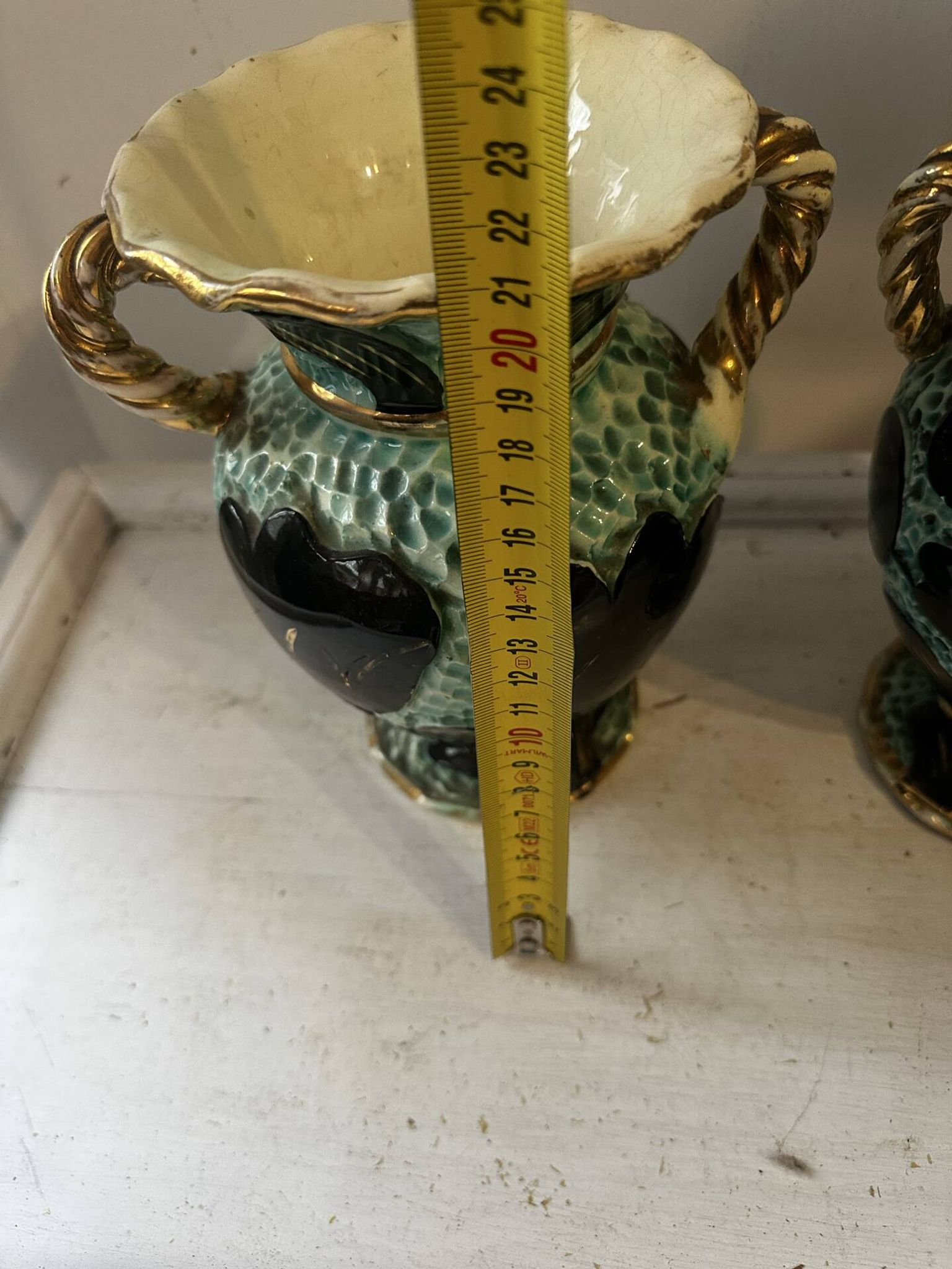 Pair of Vallauris vases in turquoise and black ceramic enhanced with o