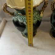 Pair of Vallauris vases in turquoise and black ceramic enhanced with o