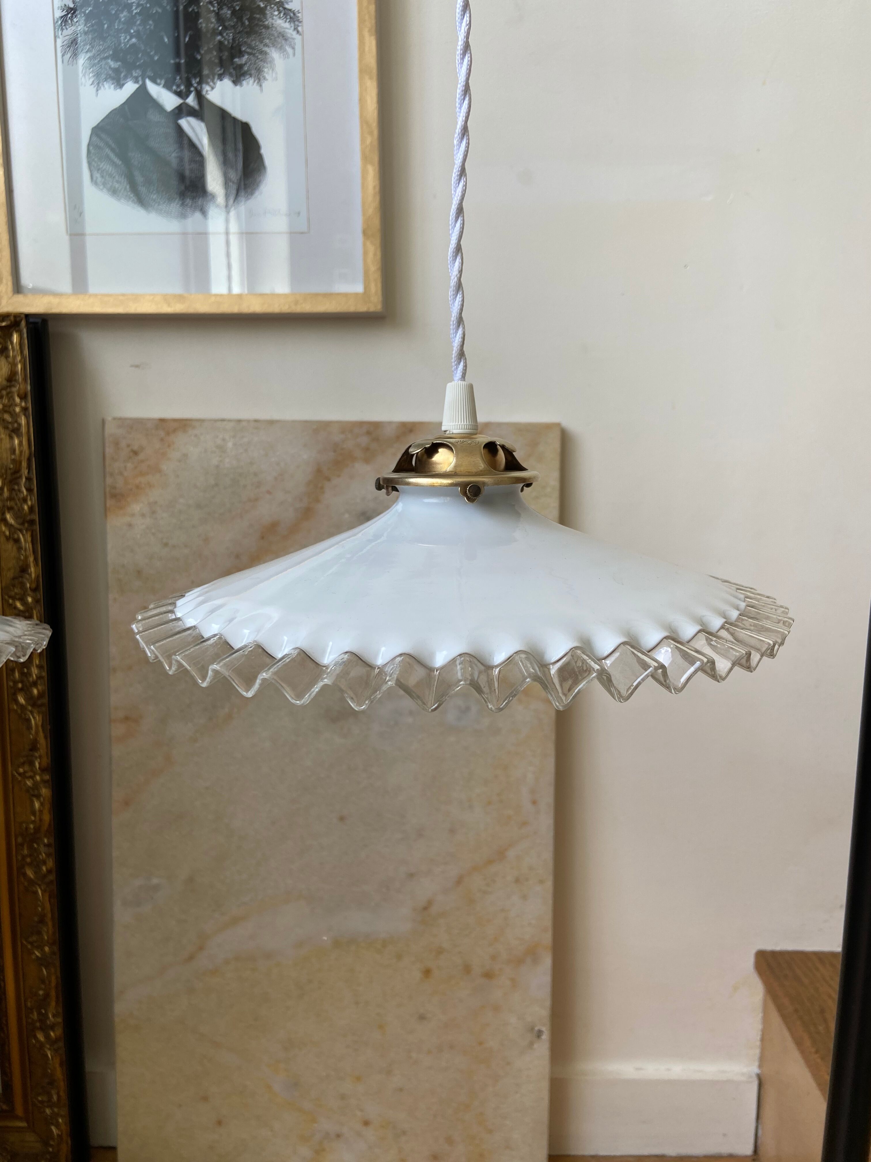 Pair of white glass hanging lamps
