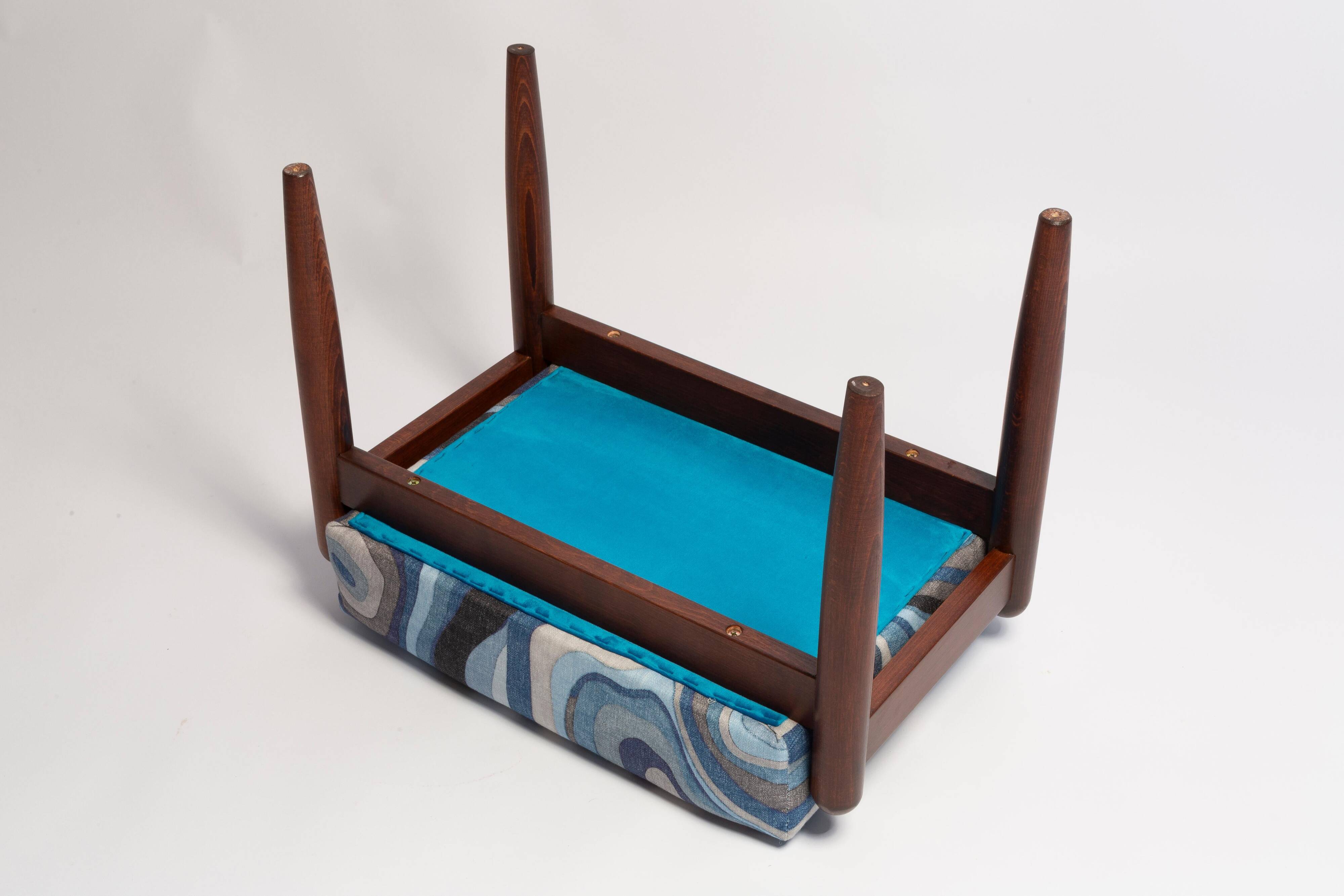 Set of two GFM stools in blue linen, mid-century style, Edmund Homa, Europe, 1960s.