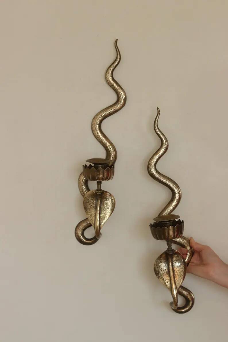 Pair of Egyptian Revival Style Engraved Brass Cobra Sconces