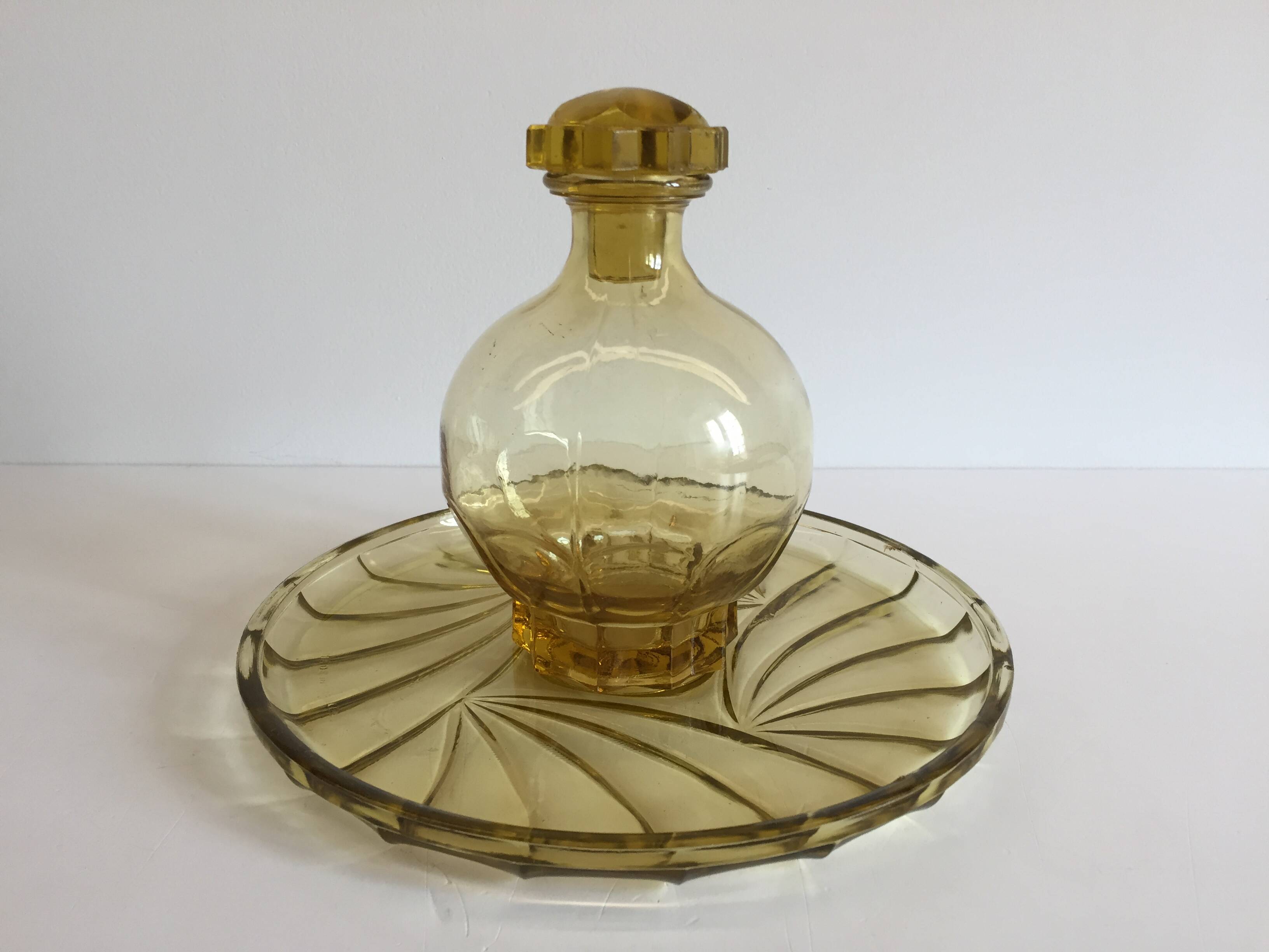 ART DECO Tray and Carafe Amber Yellow Glass