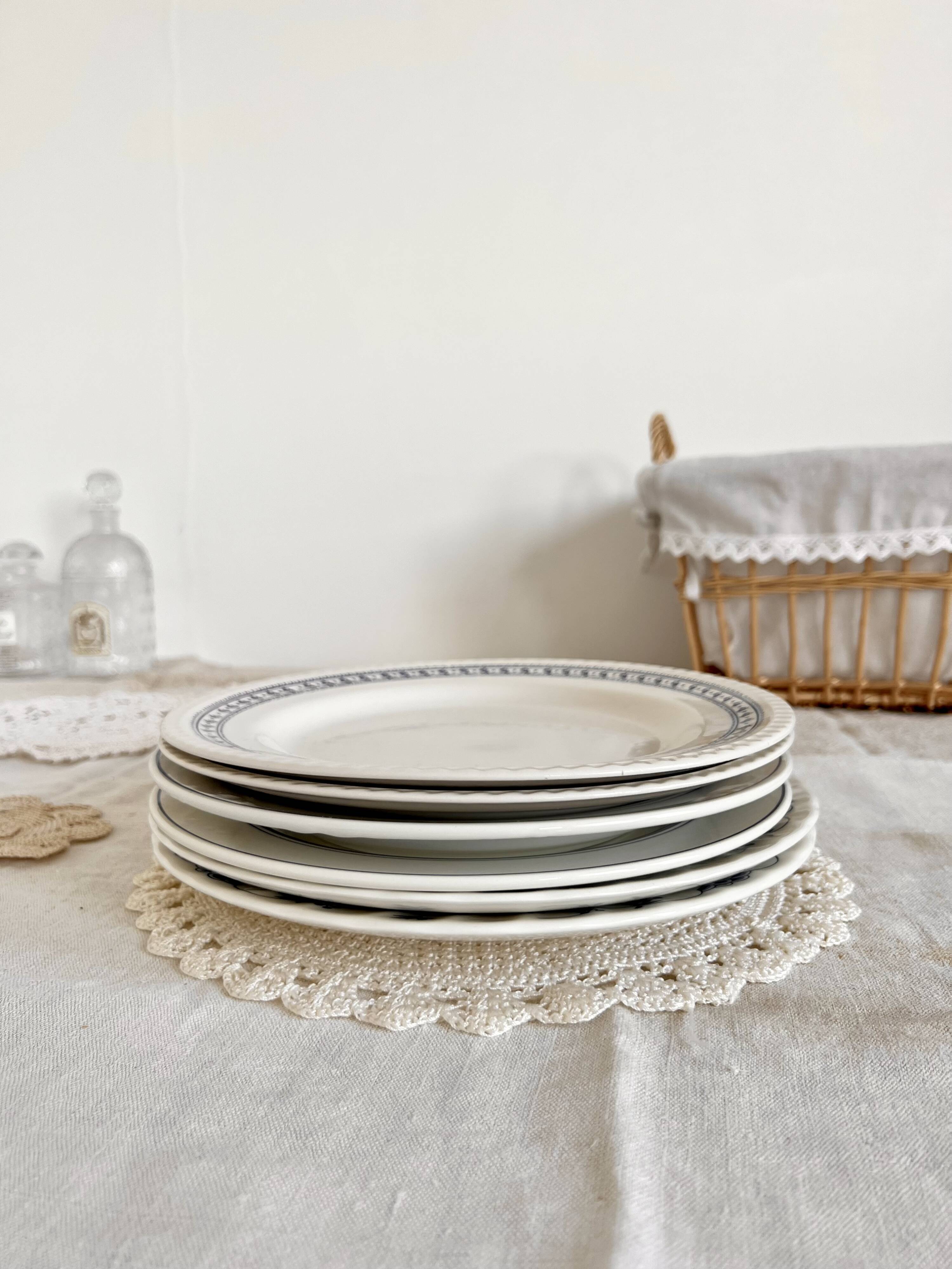 6 vintage mismatched blue and white porcelain dinner plates - Lot J