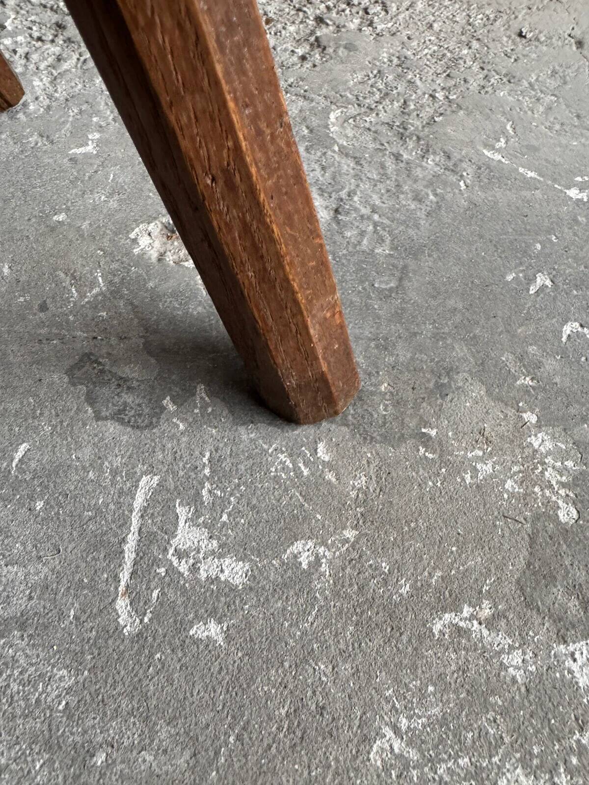 Dark brown solid oak brutalist stool with sculptural backrest, handcrafted mid-century rustic primitive