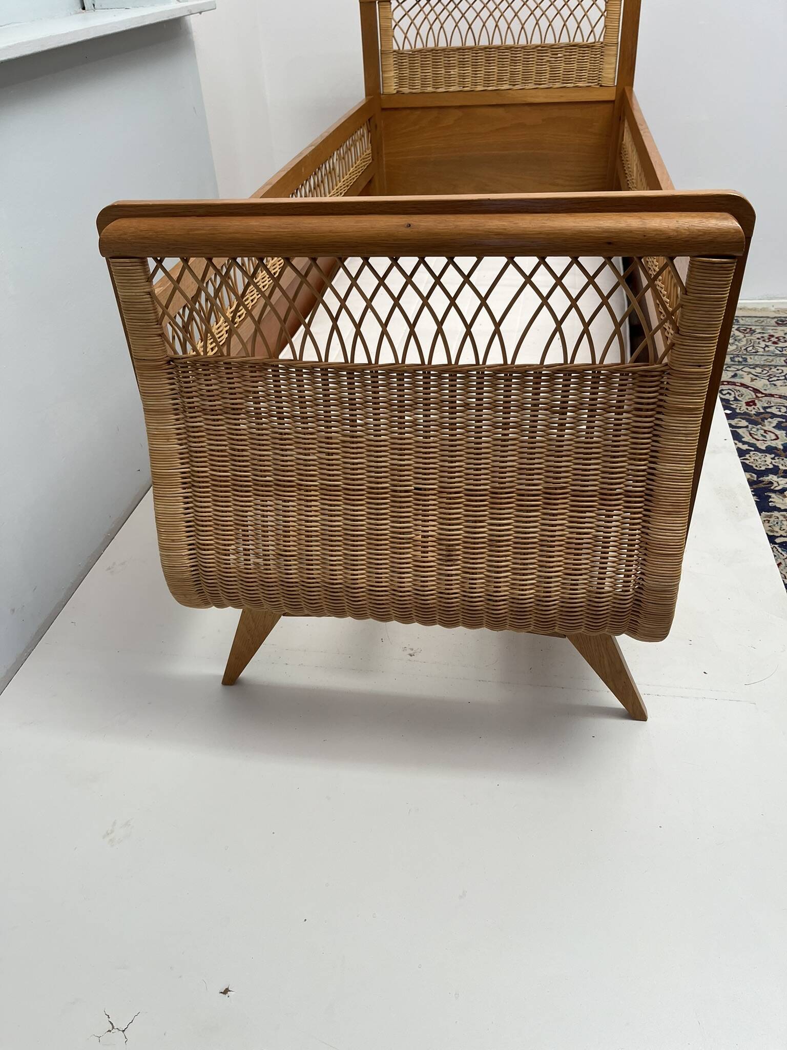 1960s oak and wicker baby bed