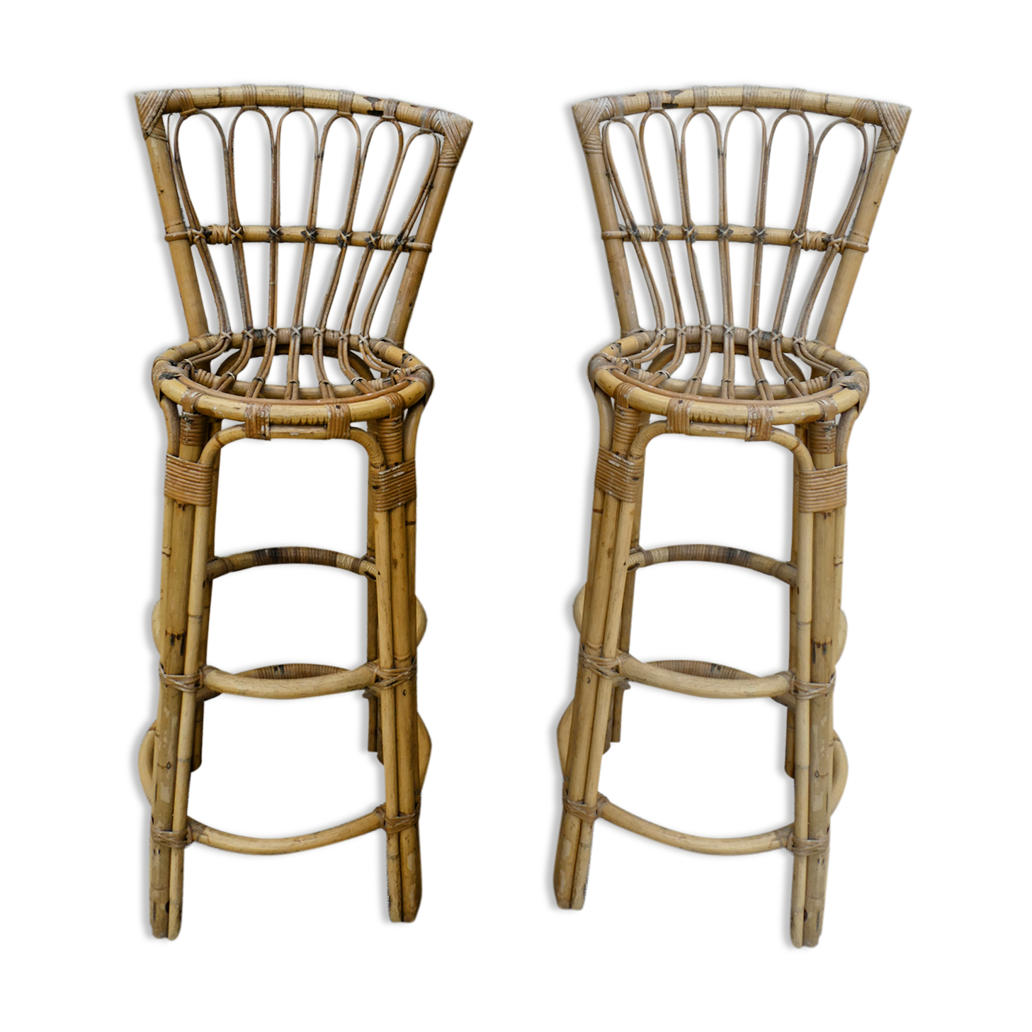 Pair of high stools, bar, rattan with back