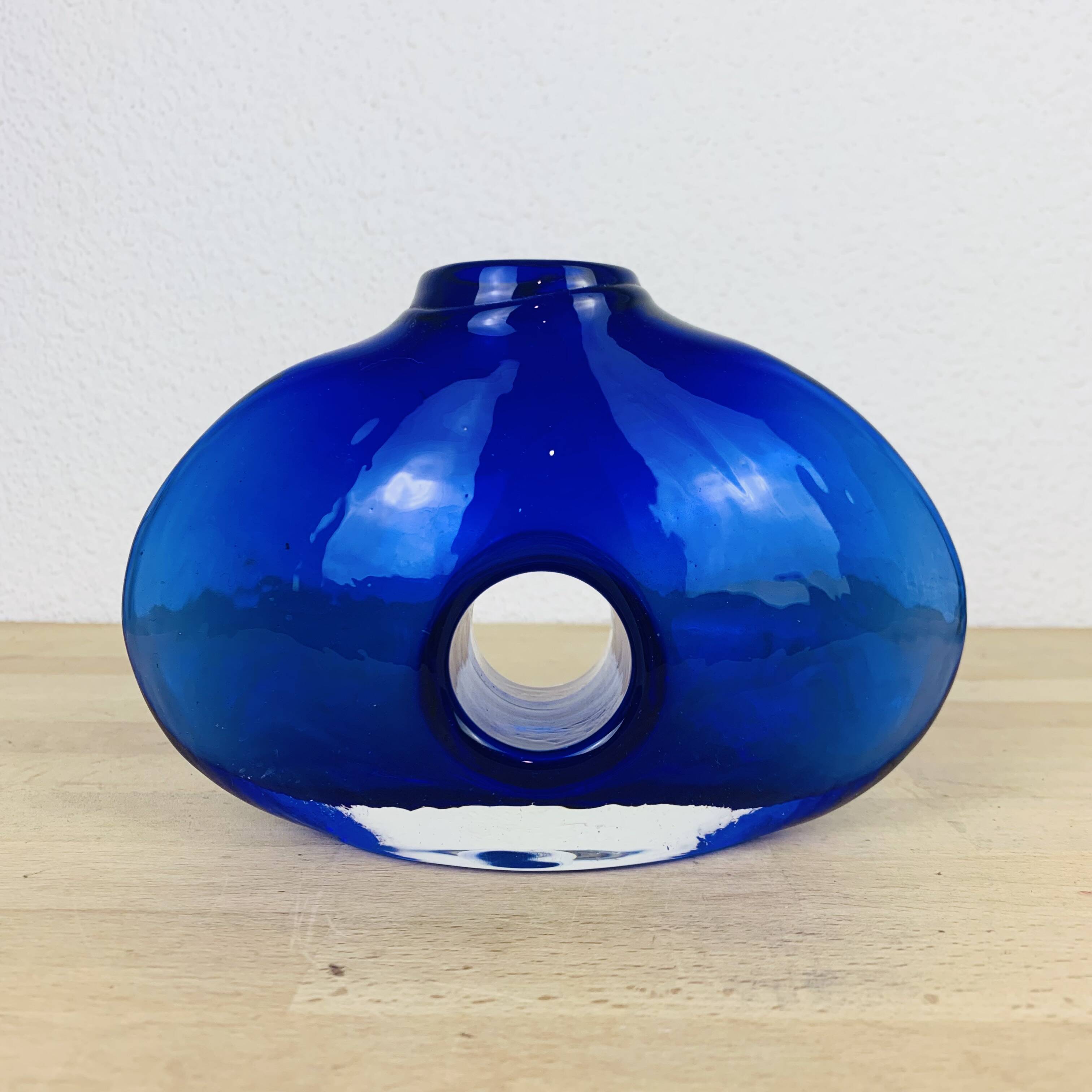 Blue blown glass lens vase