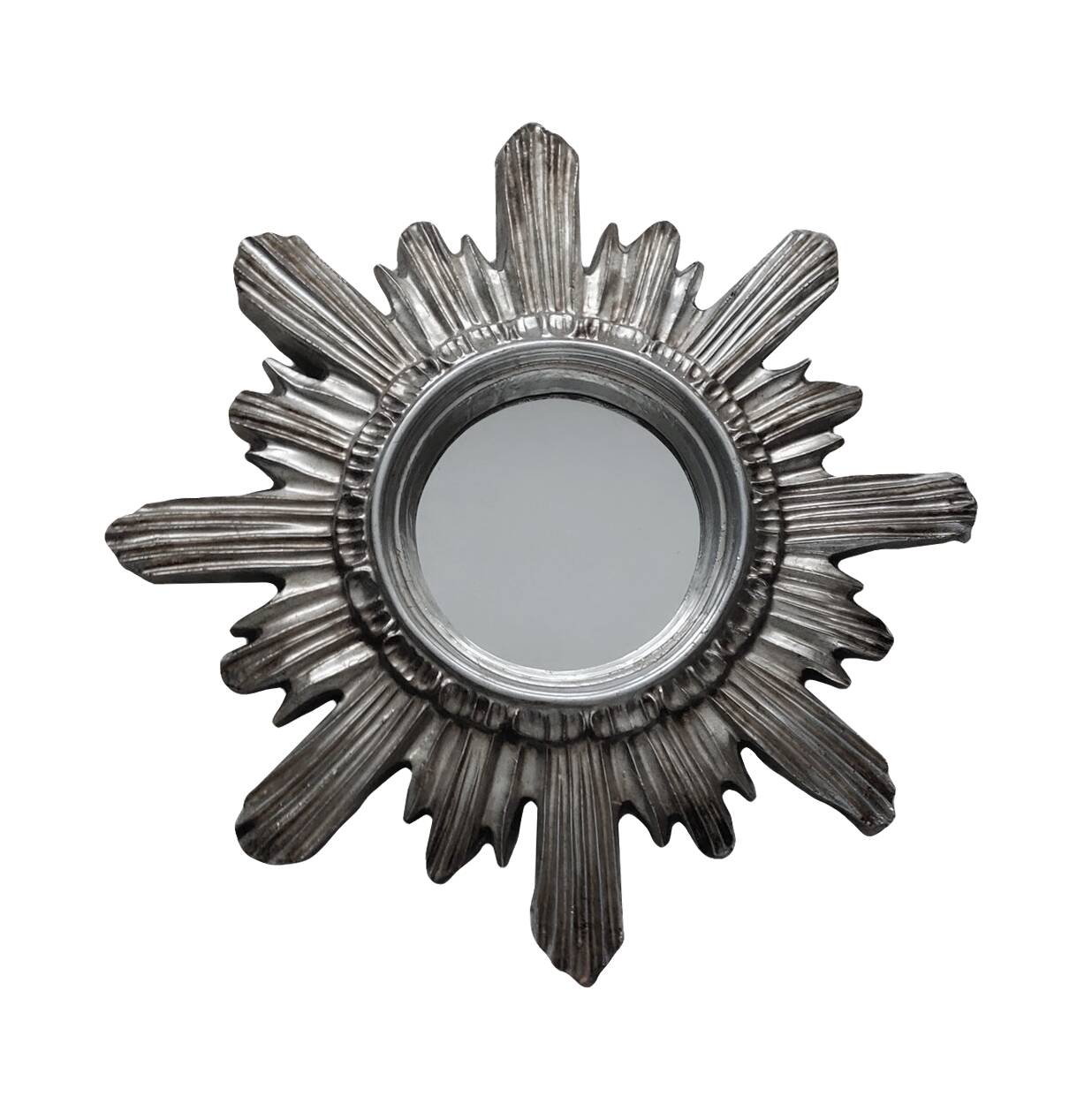 Wall Sun Mirror • Large Model • Carved Wood • Silver • 1960-70