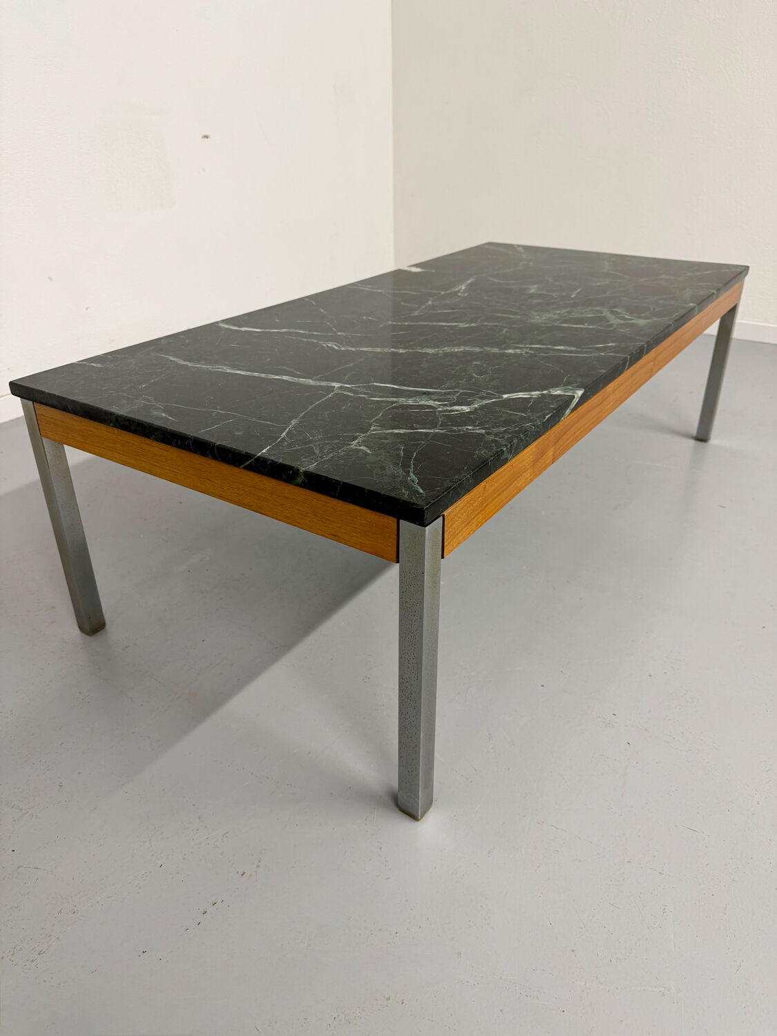 Vintage 1960s Italian design green marble and metal coffee table.