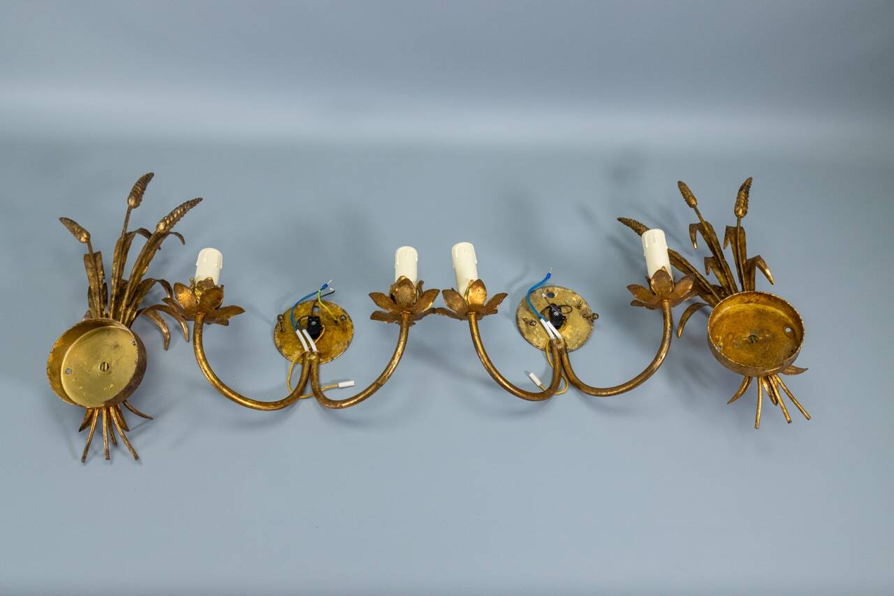 Pair of Hollywood Regency Style Gilt Metal Double-Arm Wheat Sconces, 1970s