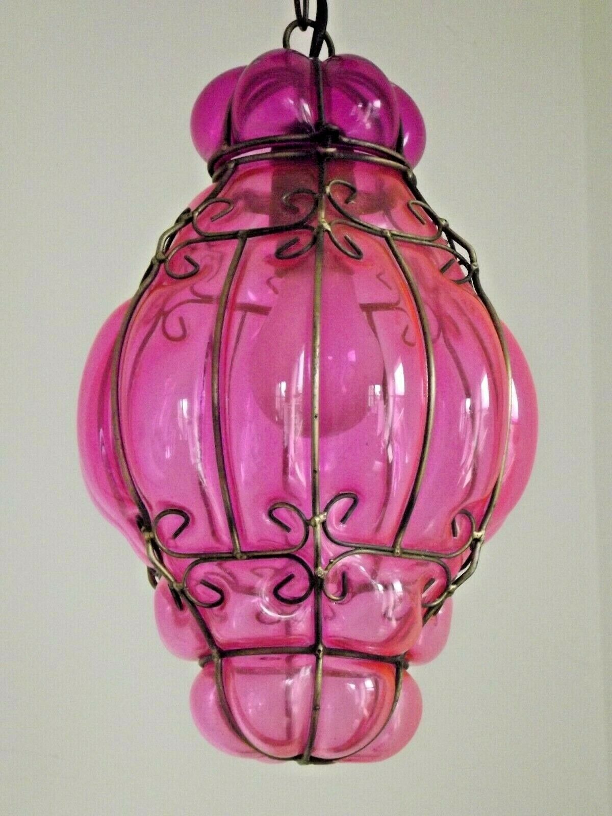 Beautiful Shaded Deep Pink  Murano Blown Glass Wrought Iron Ceiling Light