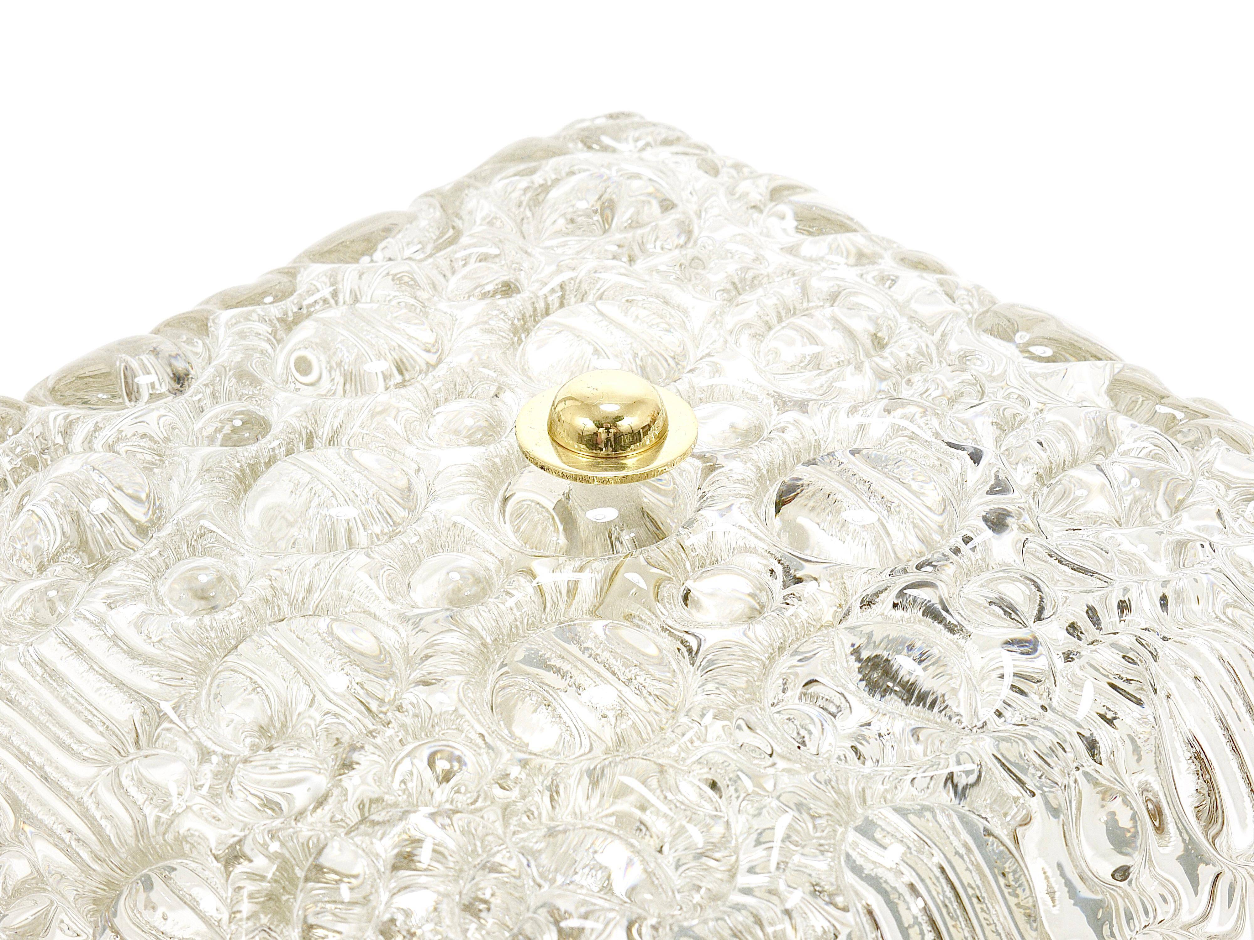 J.T. Kalmar Square Applique Ceiling Light in Brass and Textured Glass, 1950s