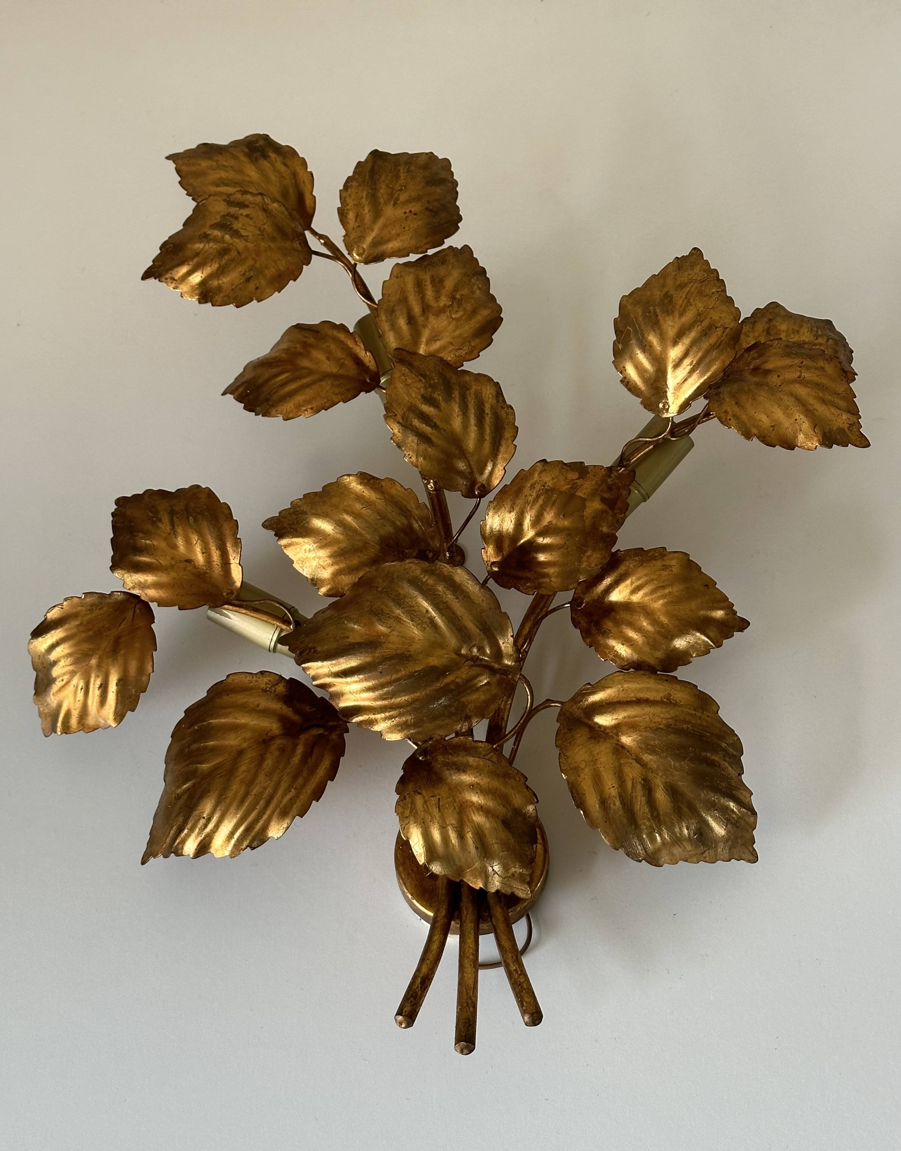 Large golden leaf wall lamp vintage design 70s