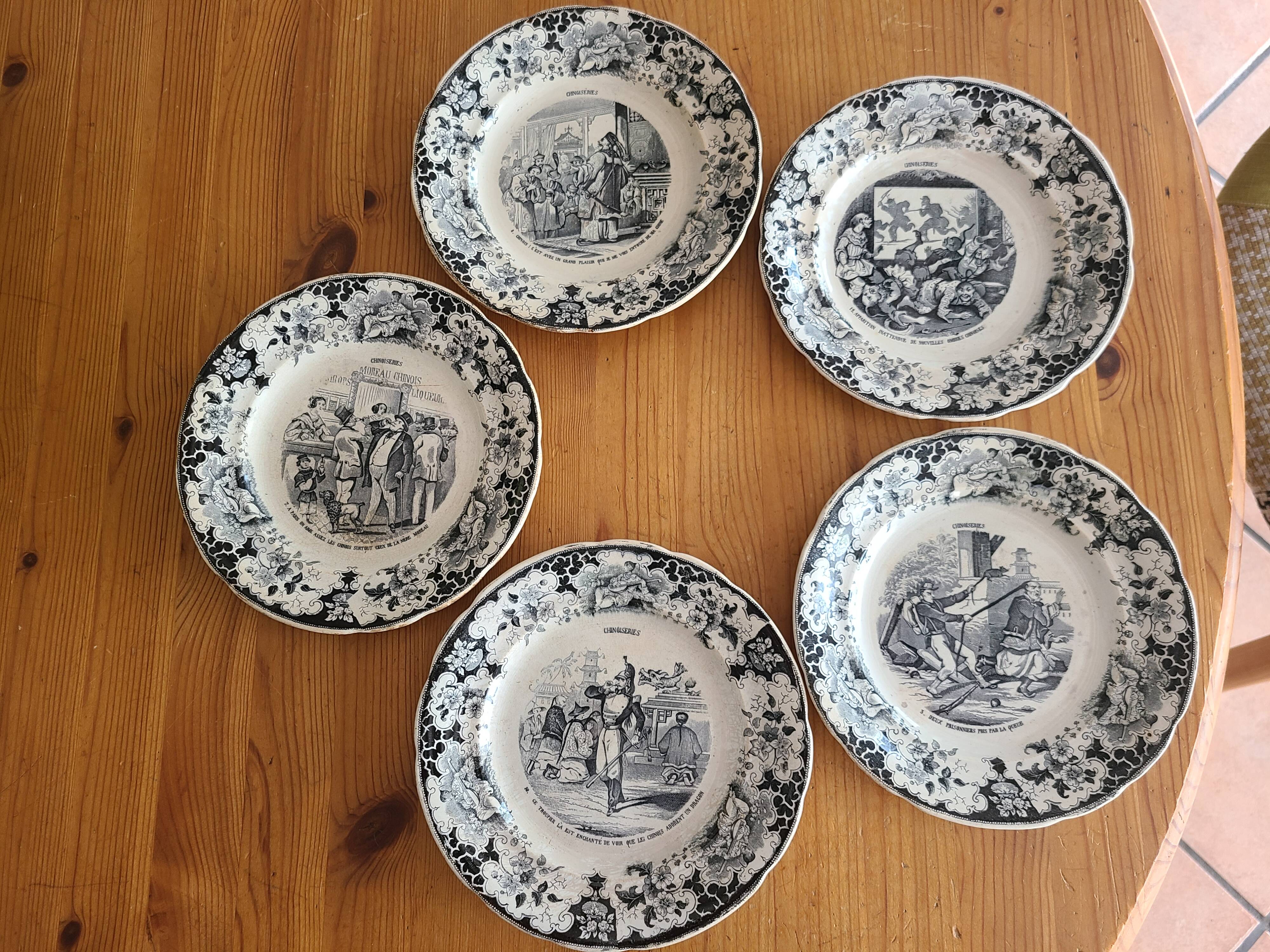 5 talking plates Choisy Le Roi XIXth series "Chinoiseries"