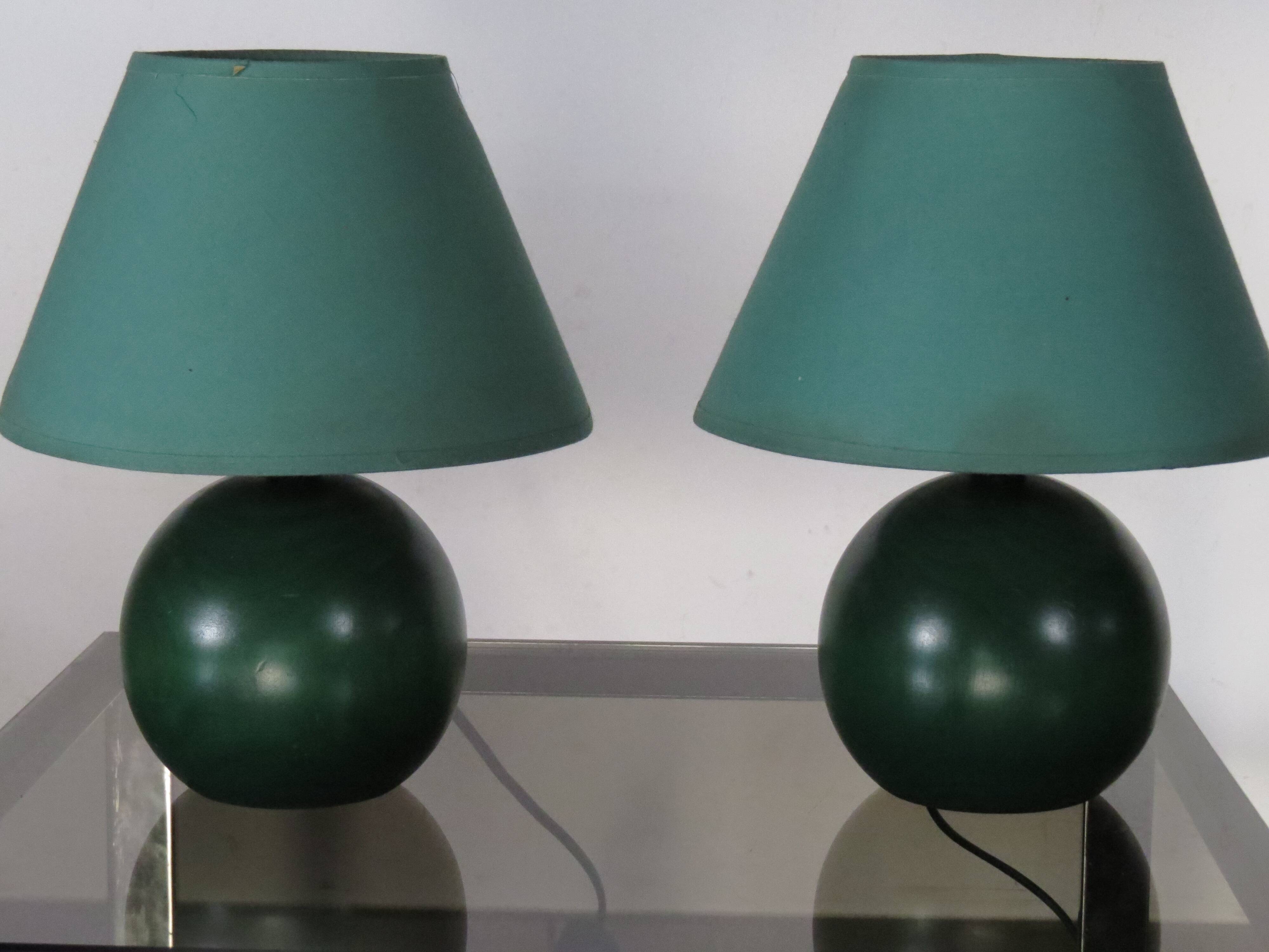 Pair of small green wooden ball lamps