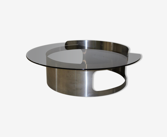 Table basse en inox brossé et verre fumé vers 1970