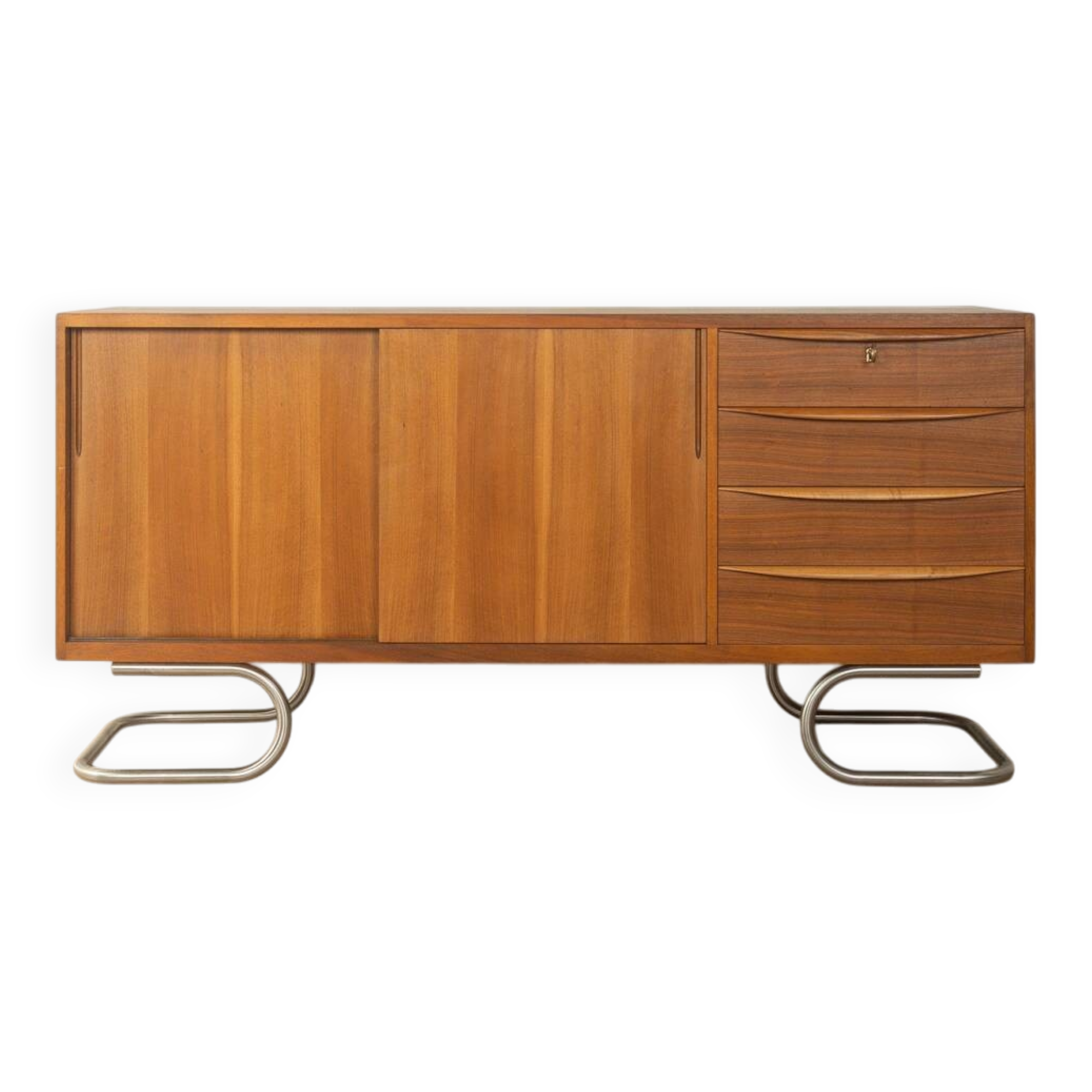 1950s sideboard in Scandinavian style, walnut veneer, Bauhaus stainless steel feet
