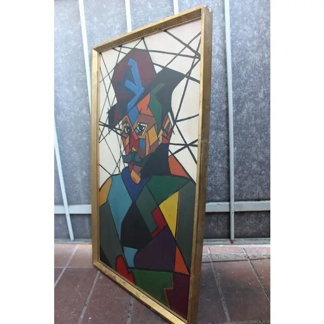 "Man in Hat" Contemporary Cubist Style Figurative Acrylic Painting Framed