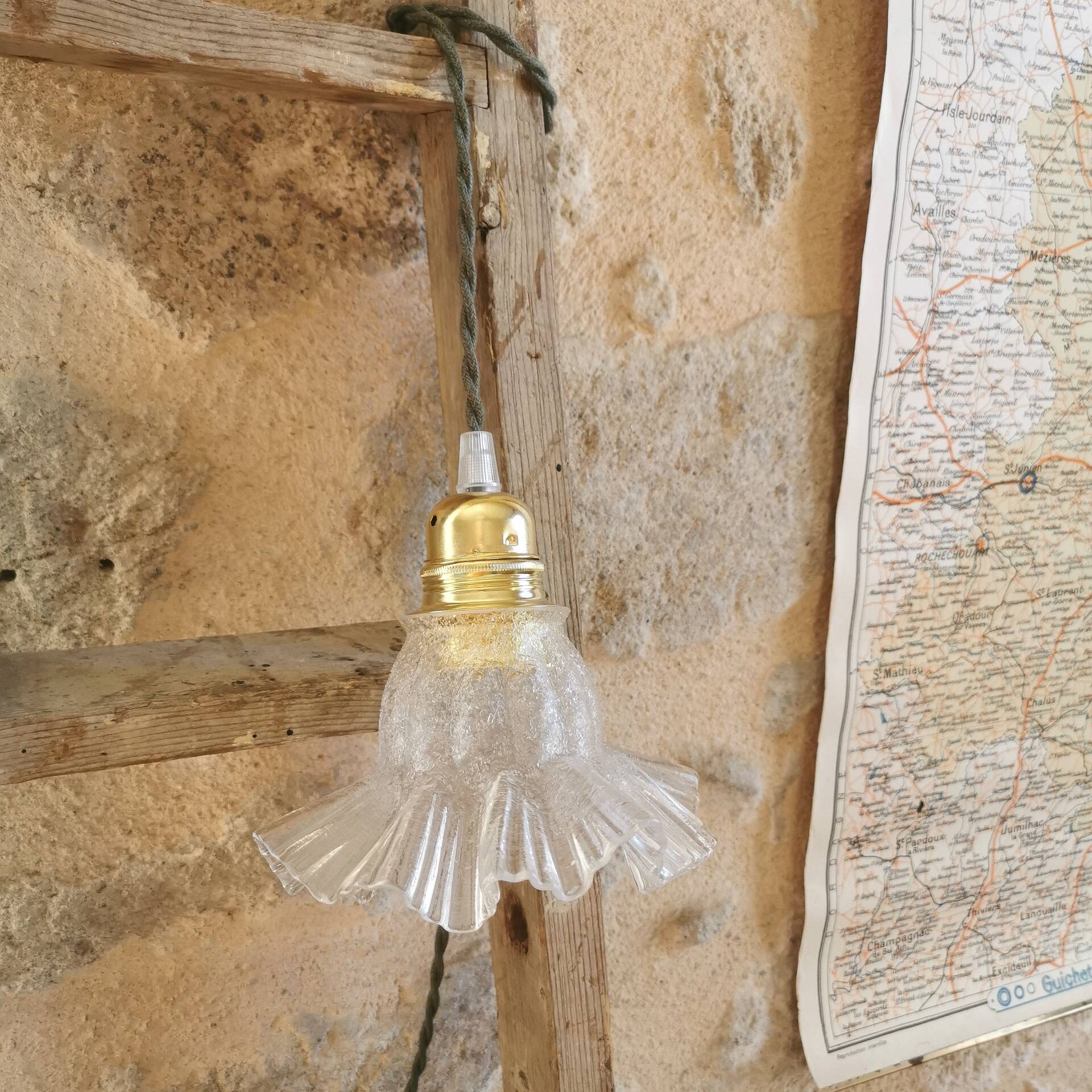 Lampe Baladeuse Globe mouchoir Art Déco, Câble Kaki