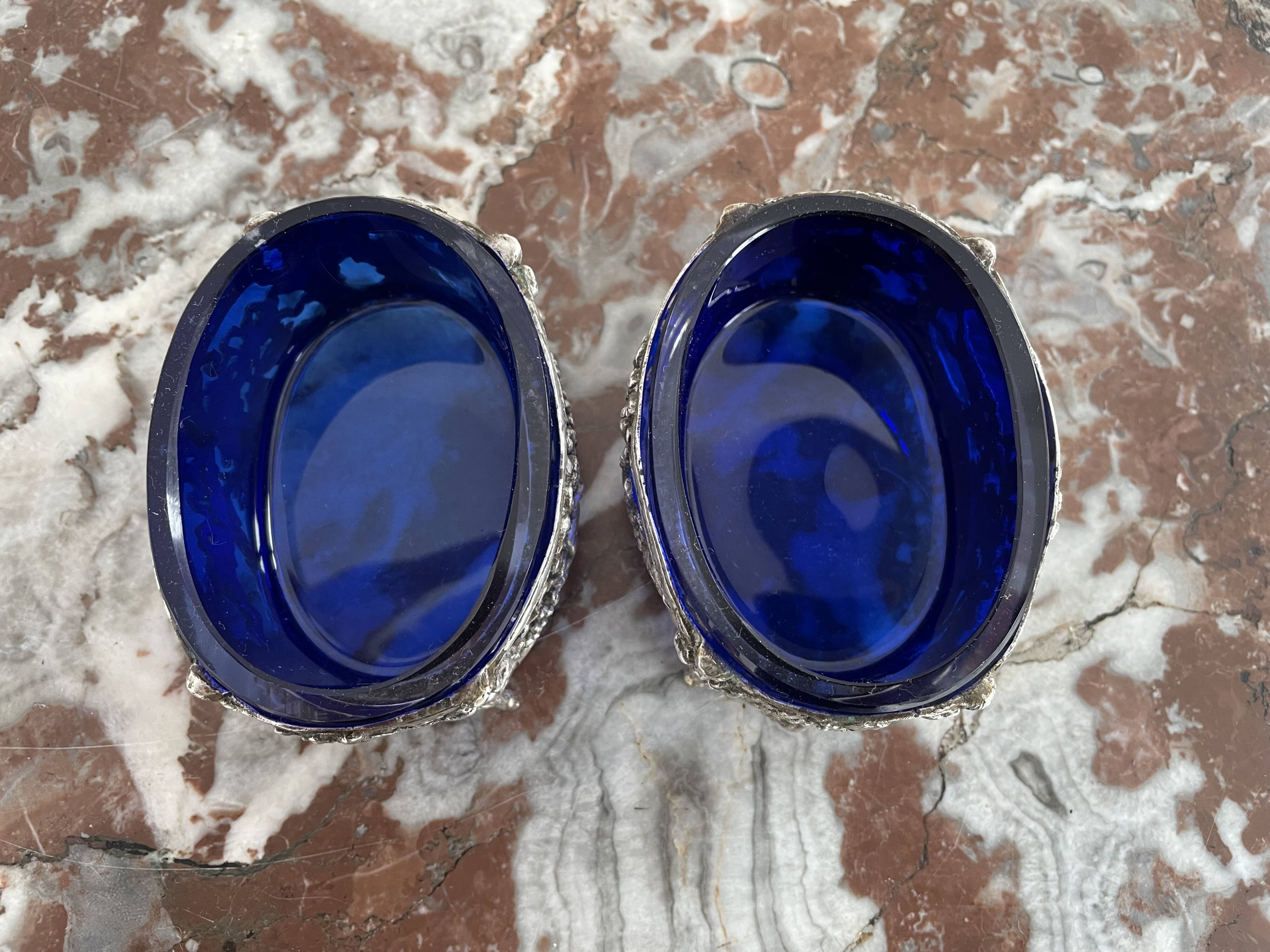 Antique, pair of salerons, silver plated, goldsmith hallmark, putti decoration, grape