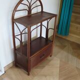Vintage–Beautiful Bibus-Floor Shelf–Bookcase–Rattan Bamboo and Wood–1 Drawer and 2 Tiers