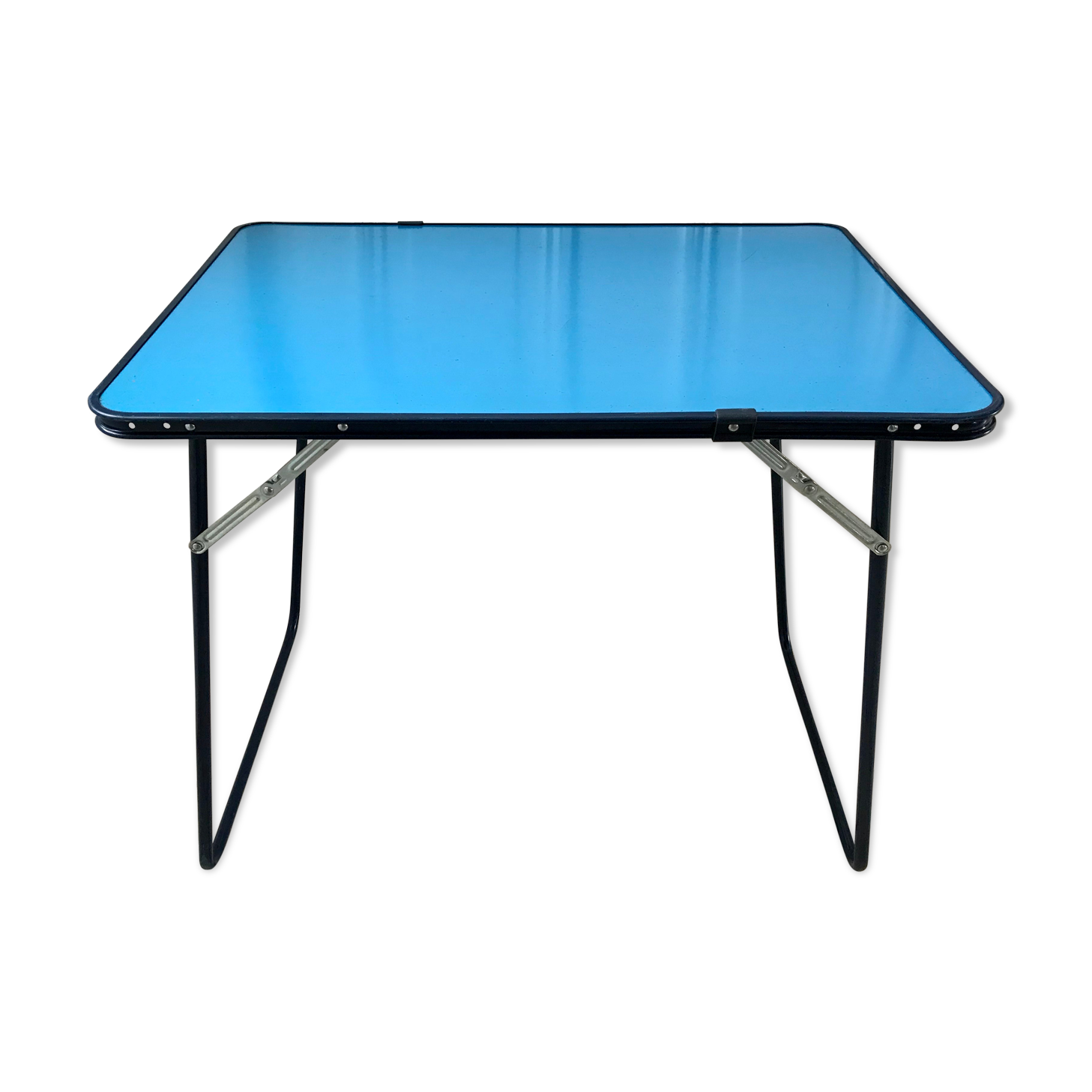 Folding camping table in sky blue formica 70s