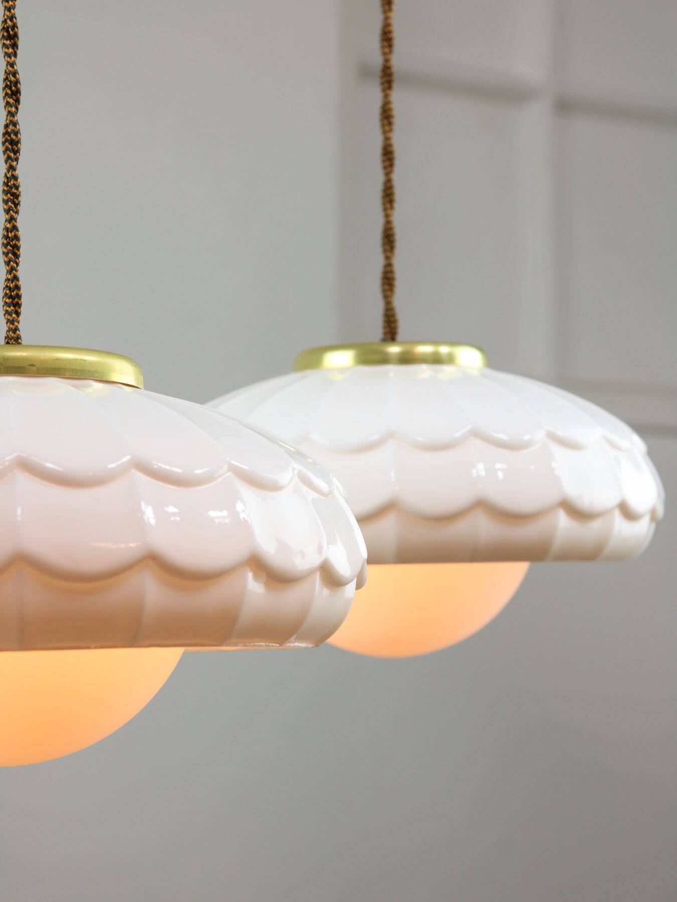 Mid-Century Italian Ceramic & Brass Pendant Lamps, Set of 2