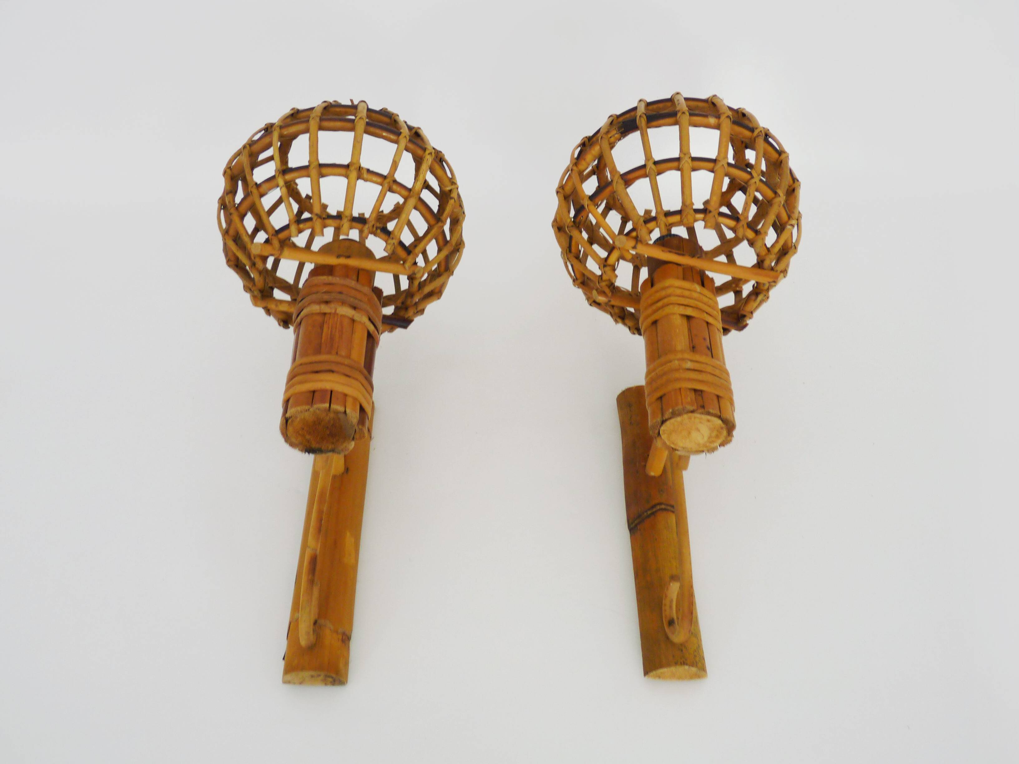 Pair of bamboo rattan lantern wall lights. 50s 60s