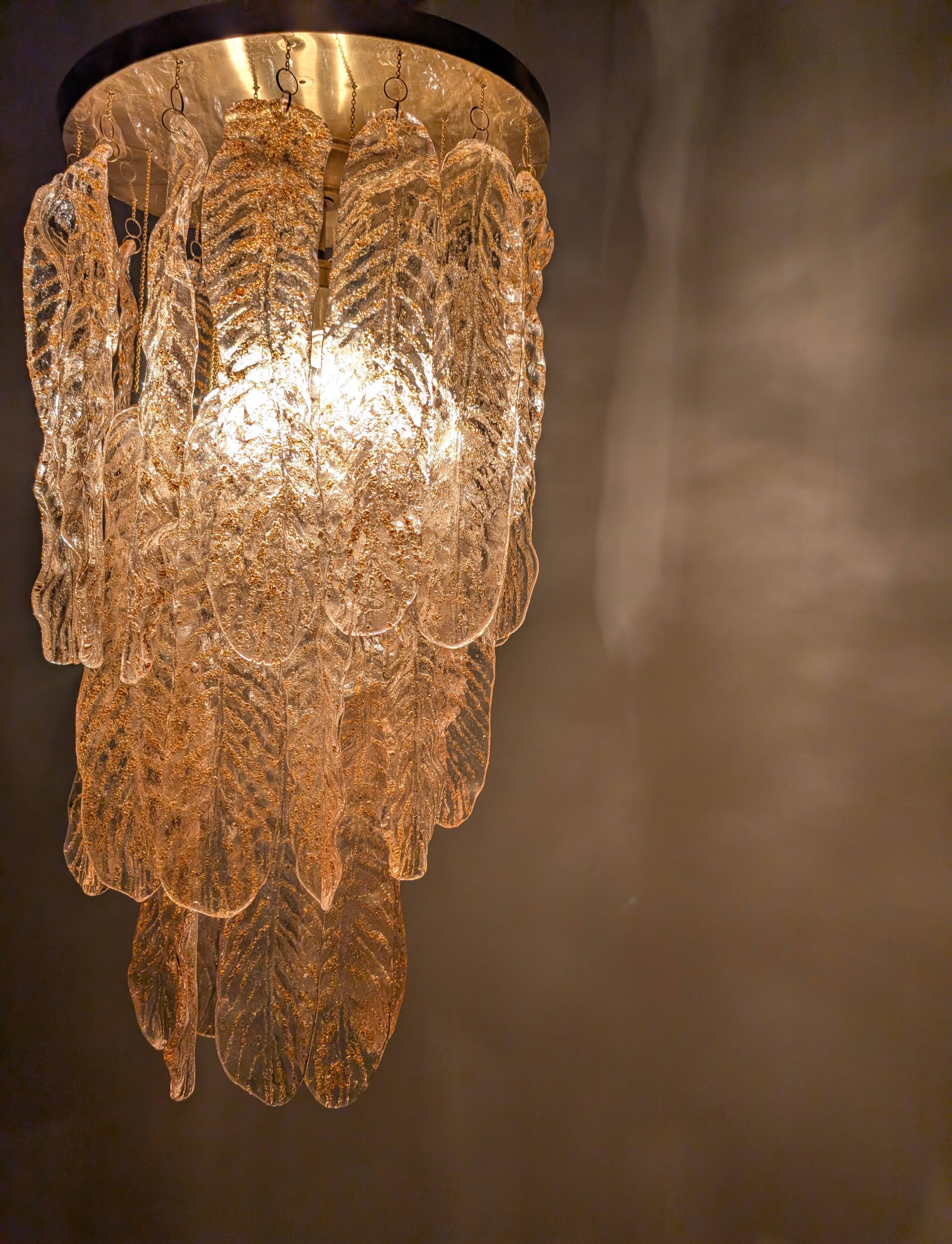 Italian Chandelier with Amber Caramel Murano Glass Leaves, 1970s