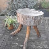 Stool low tripod log solid wood, brutalist and authentic, circa 1920