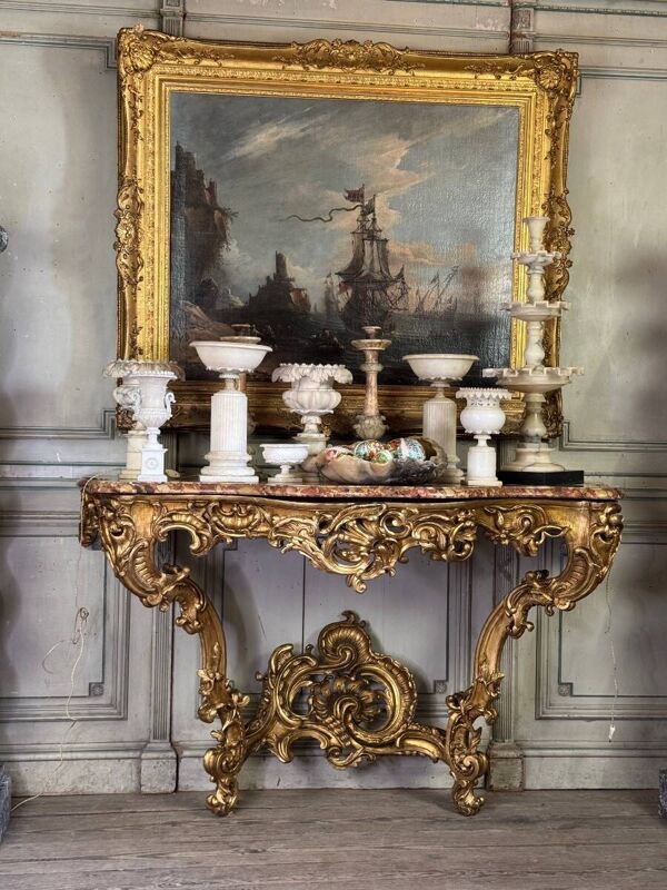 Importante Console Louis XV En Bois Sculpté Et Doré, Marbre Brèche D’alep,