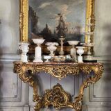 Importante Console Louis XV En Bois Sculpté Et Doré, Marbre Brèche D’alep,