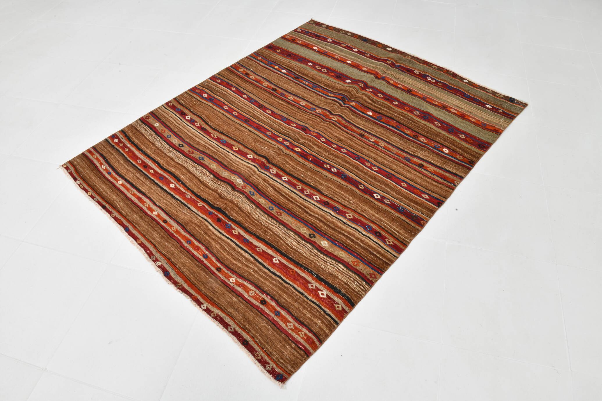 Red & Brown Pinstriped Style Vintage Kilim Rug, 142x182Cm